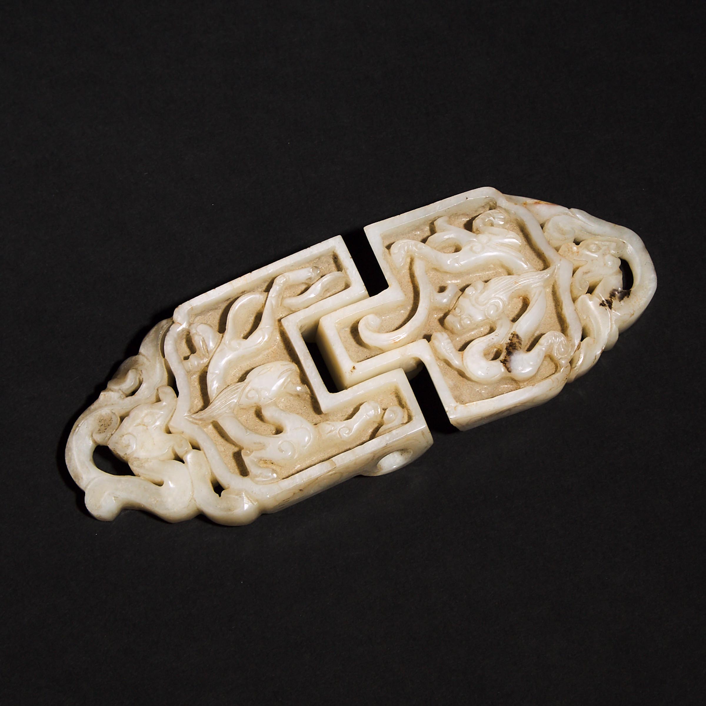 A Pale Grey and Black Jade 'Dragon and Phoenix' Two-Part Belt Buckle, Ming Dynasty