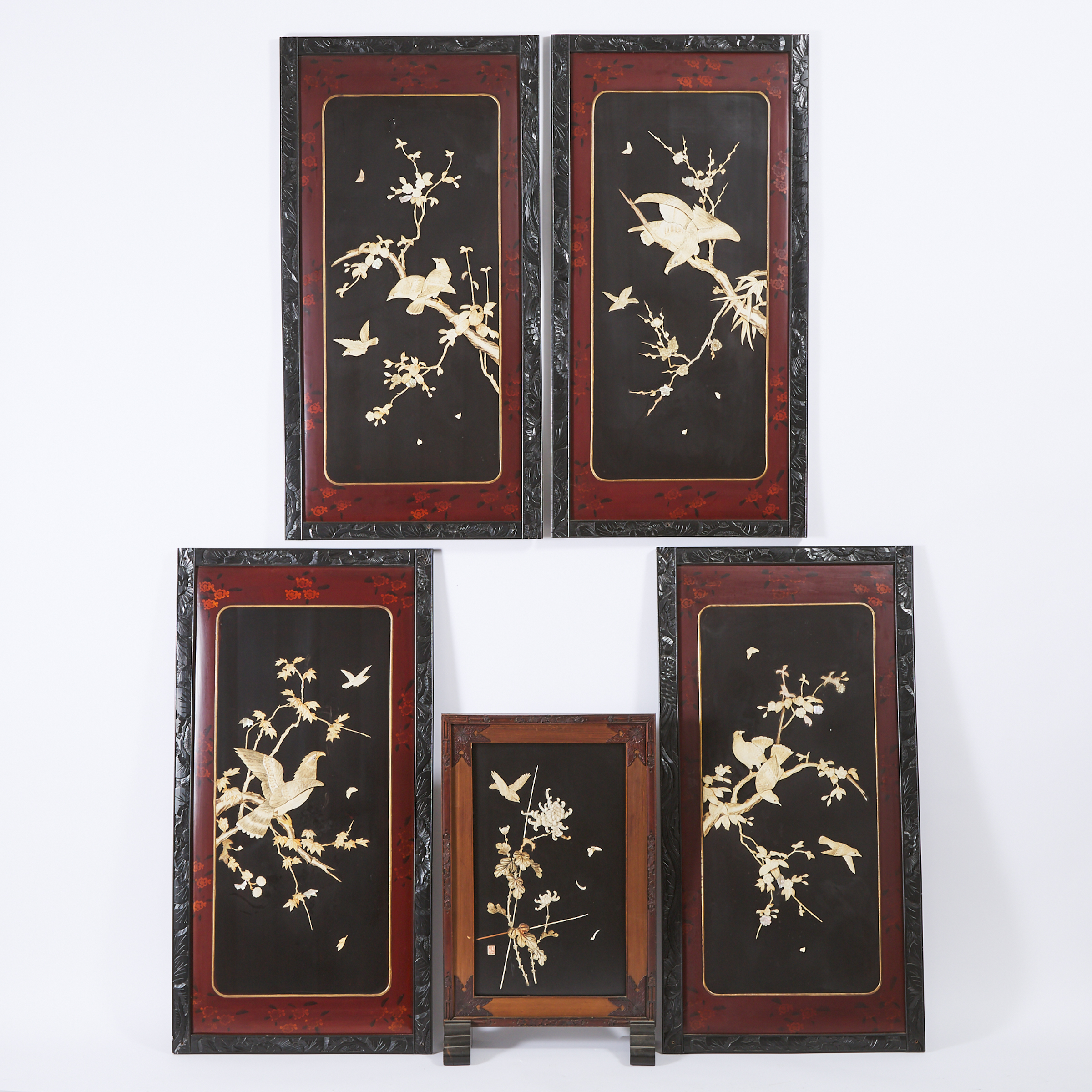 A Set of Four Shibayama-Style Lacquer and Bone Panels, Together With a Table Screen, Meiji Period