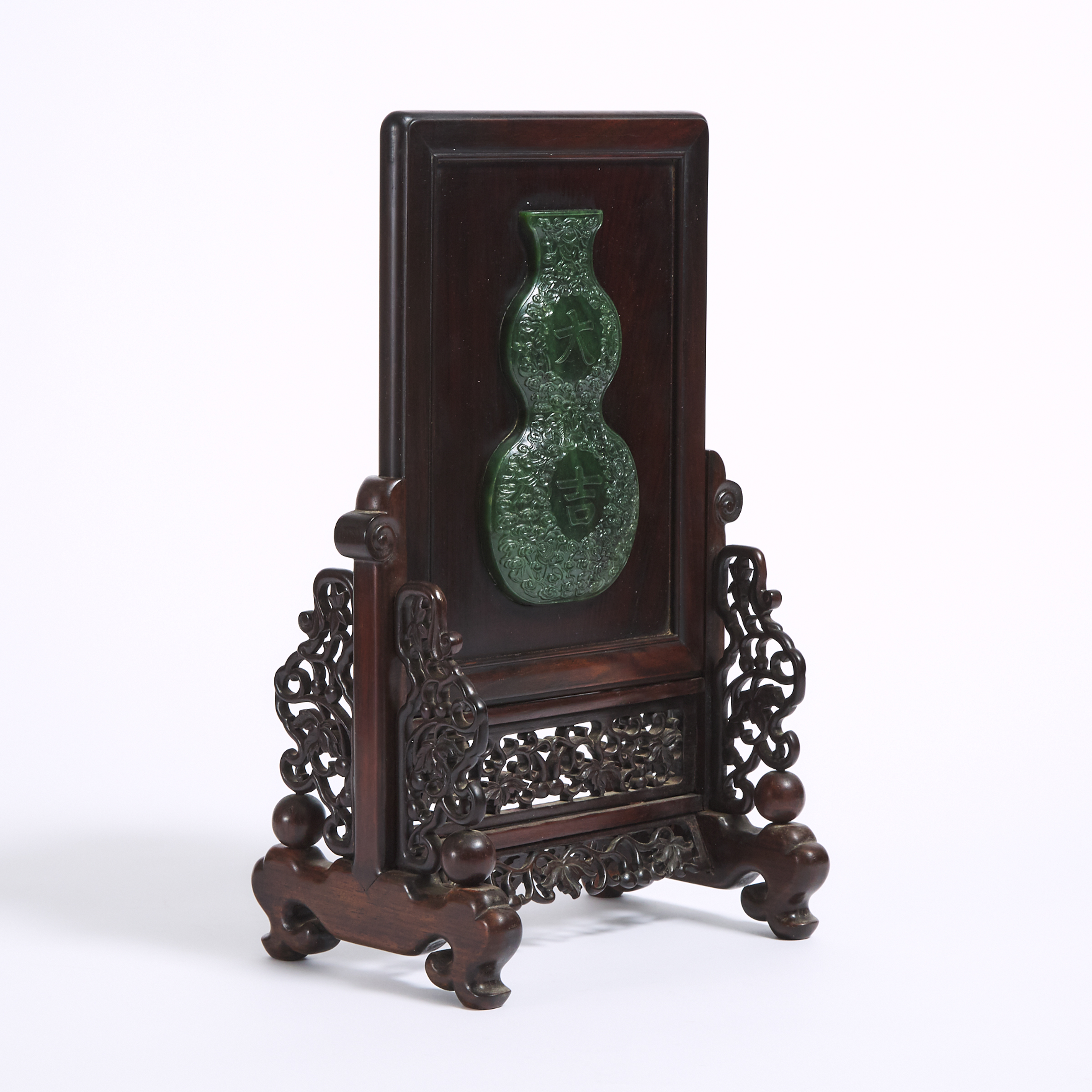 A Spinach Jade Double Gourd Plaque Table Screen
