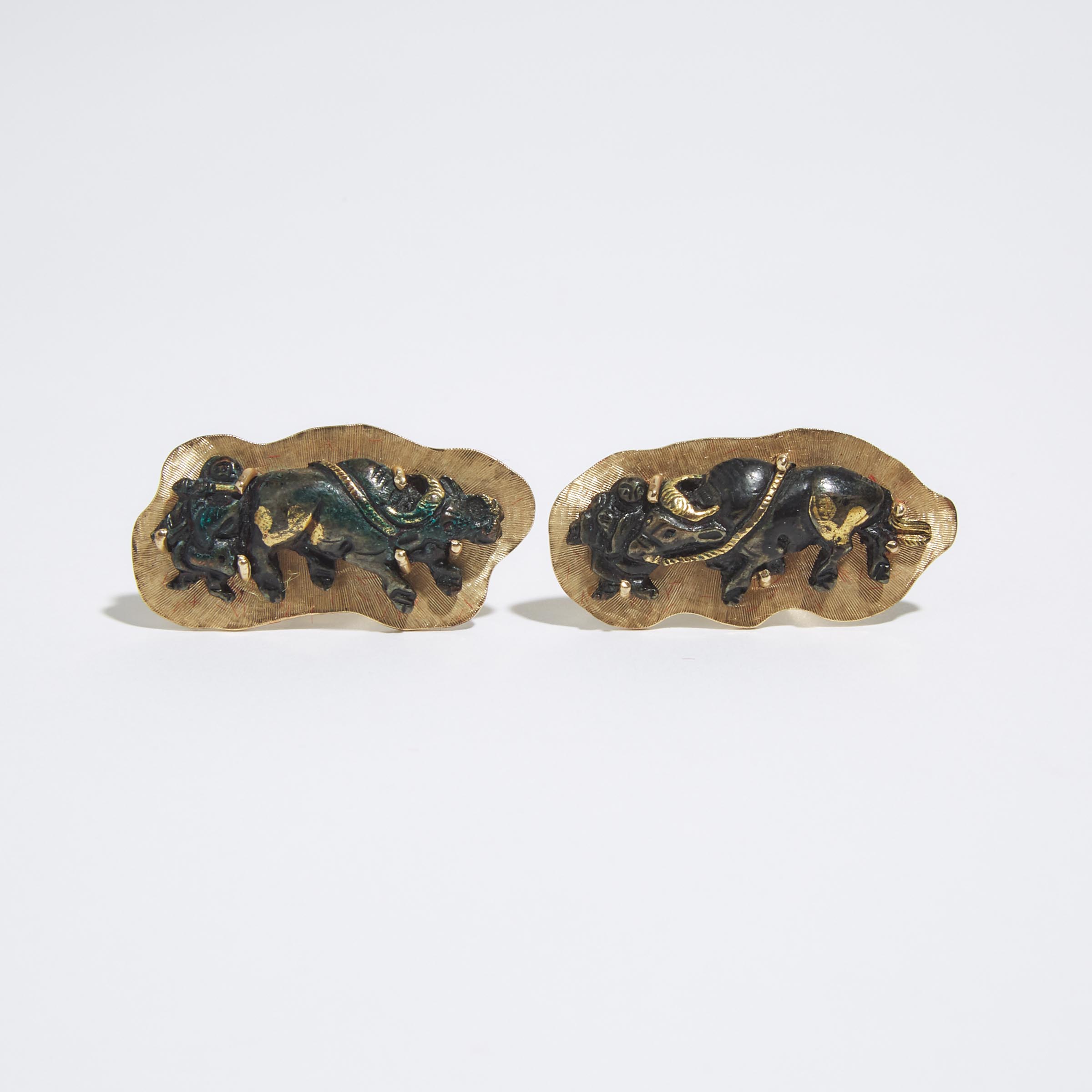 A Pair of 'Boy and Buffalo' Menuki Mounted on 14k Gold Cuff Links
