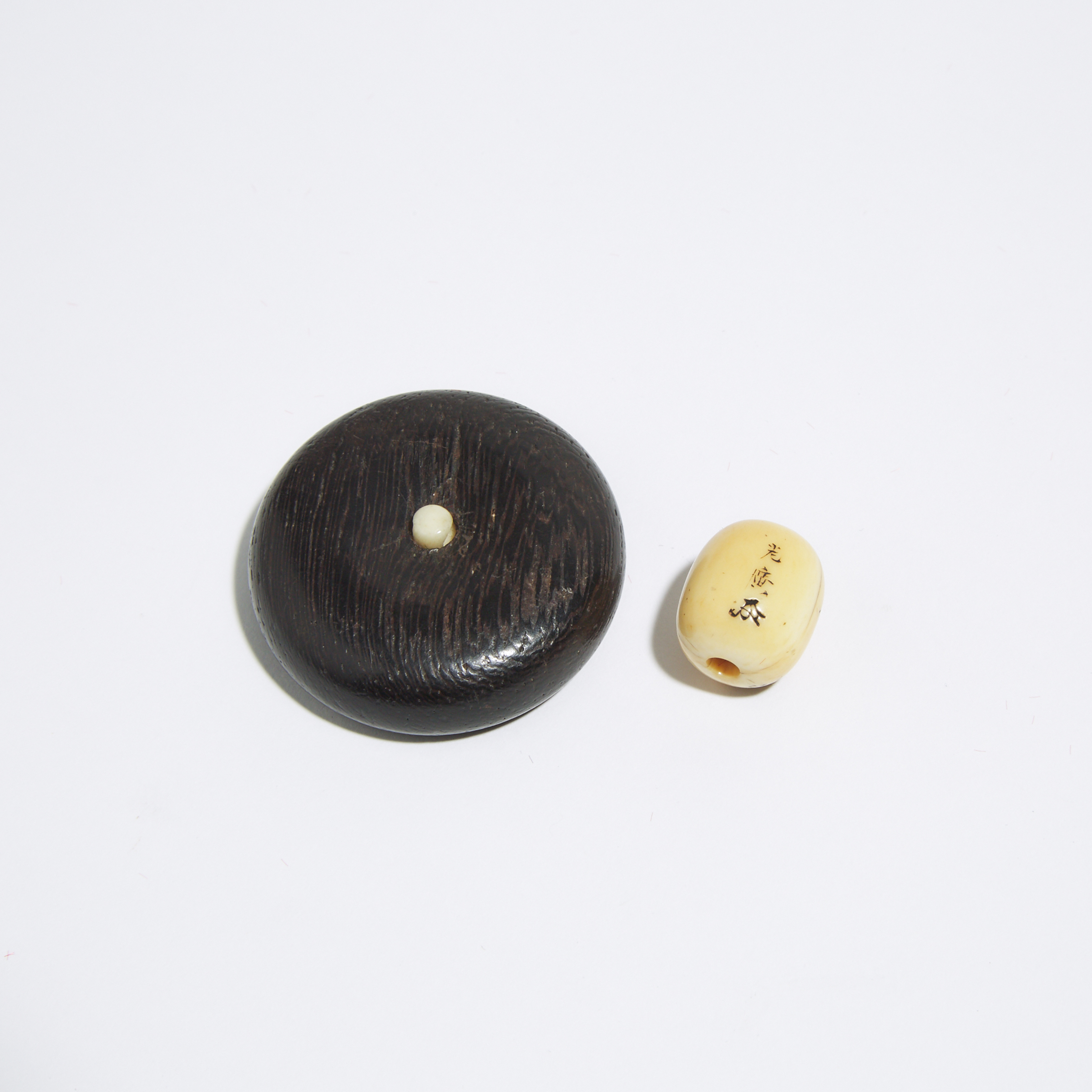 An Ivory and Wood Kagamibuta Netsuke, Together With Matching Ojime Bead, Signed Mitsuhiro, 19th Century