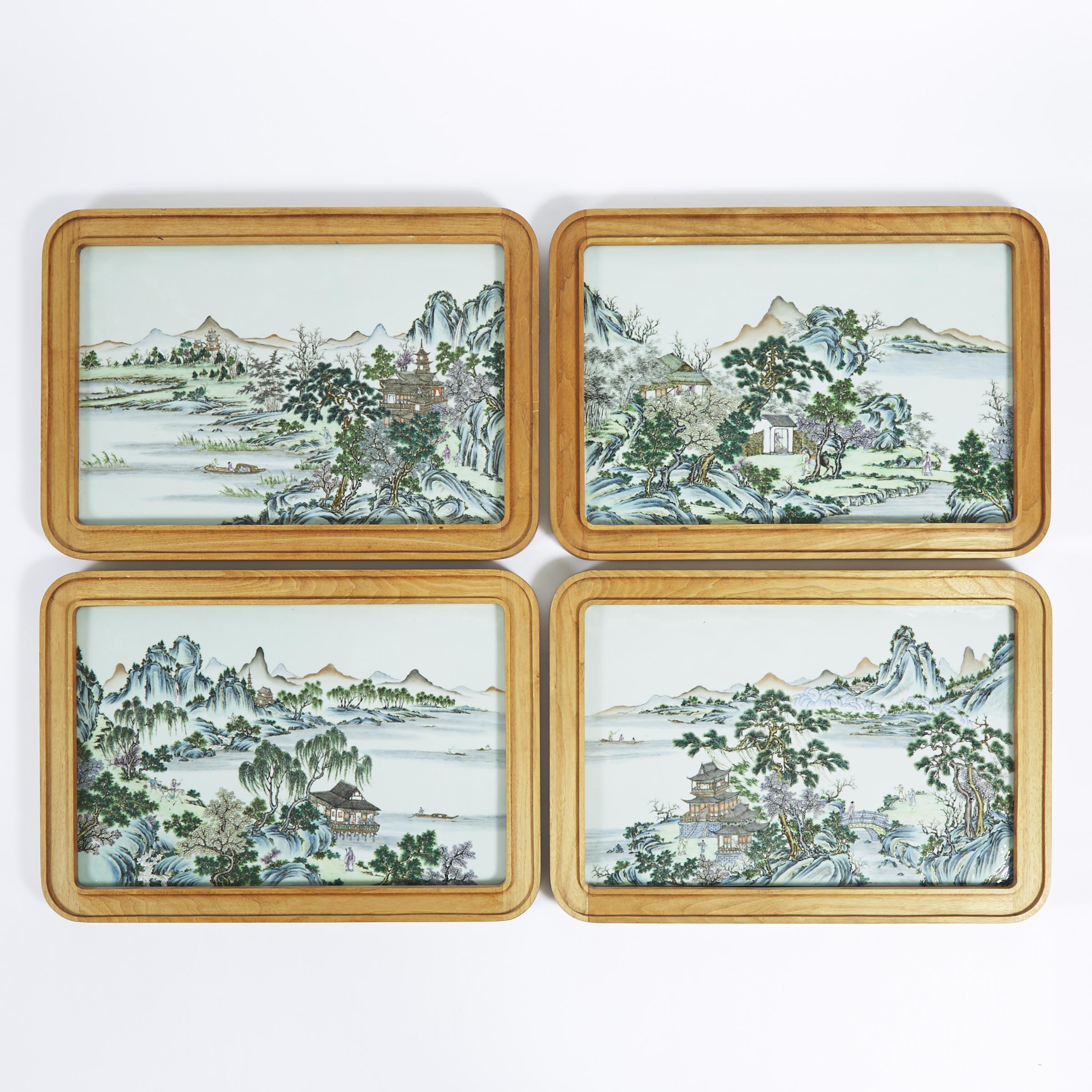 A Set of Four Famille Rose Porcelain 'Landscape' Panels, Late Qing/Republican Period