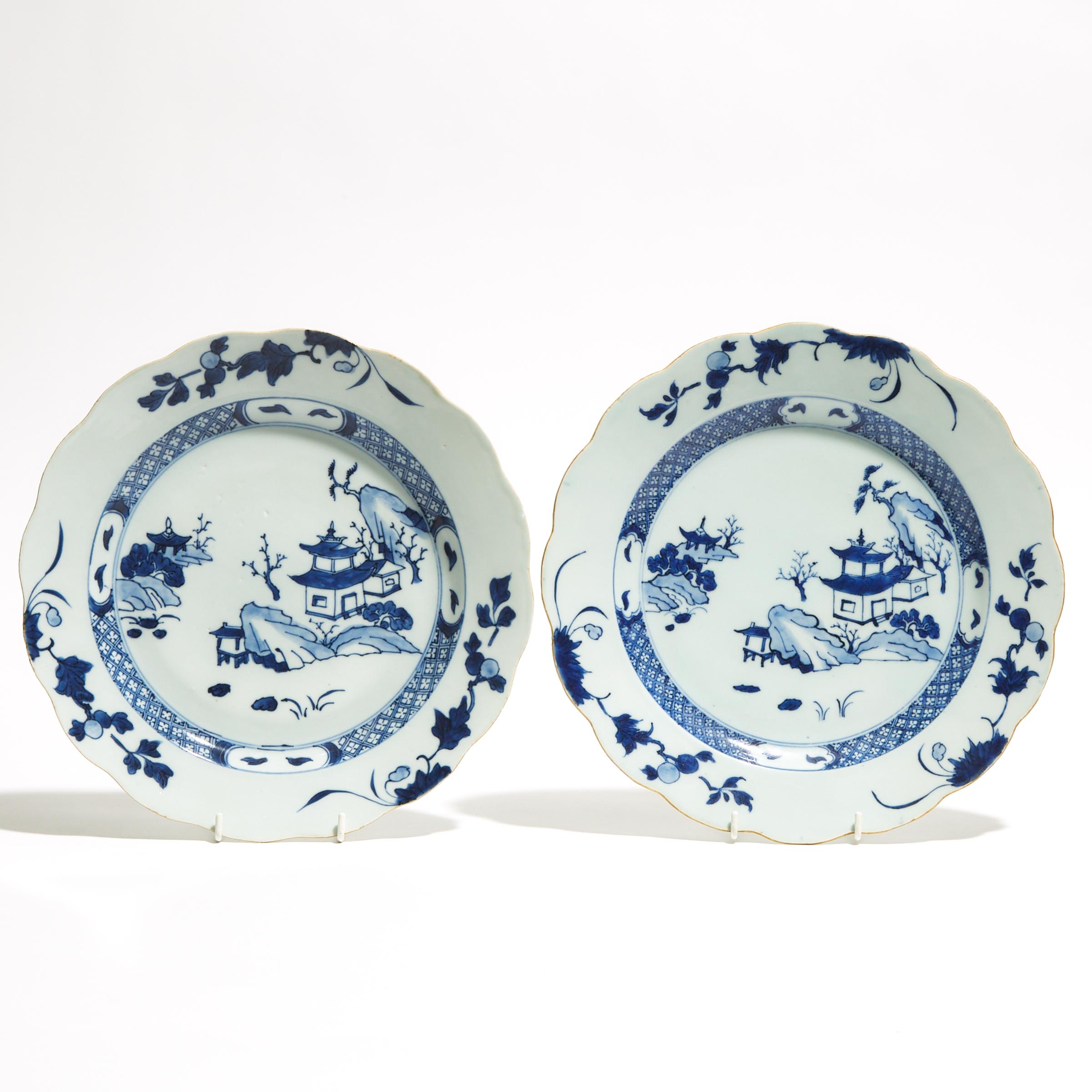 A Pair of 'Three Pavilions' Pattern Lobed Dishes from the Nanking Cargo, Qianlong Period, Circa 1750