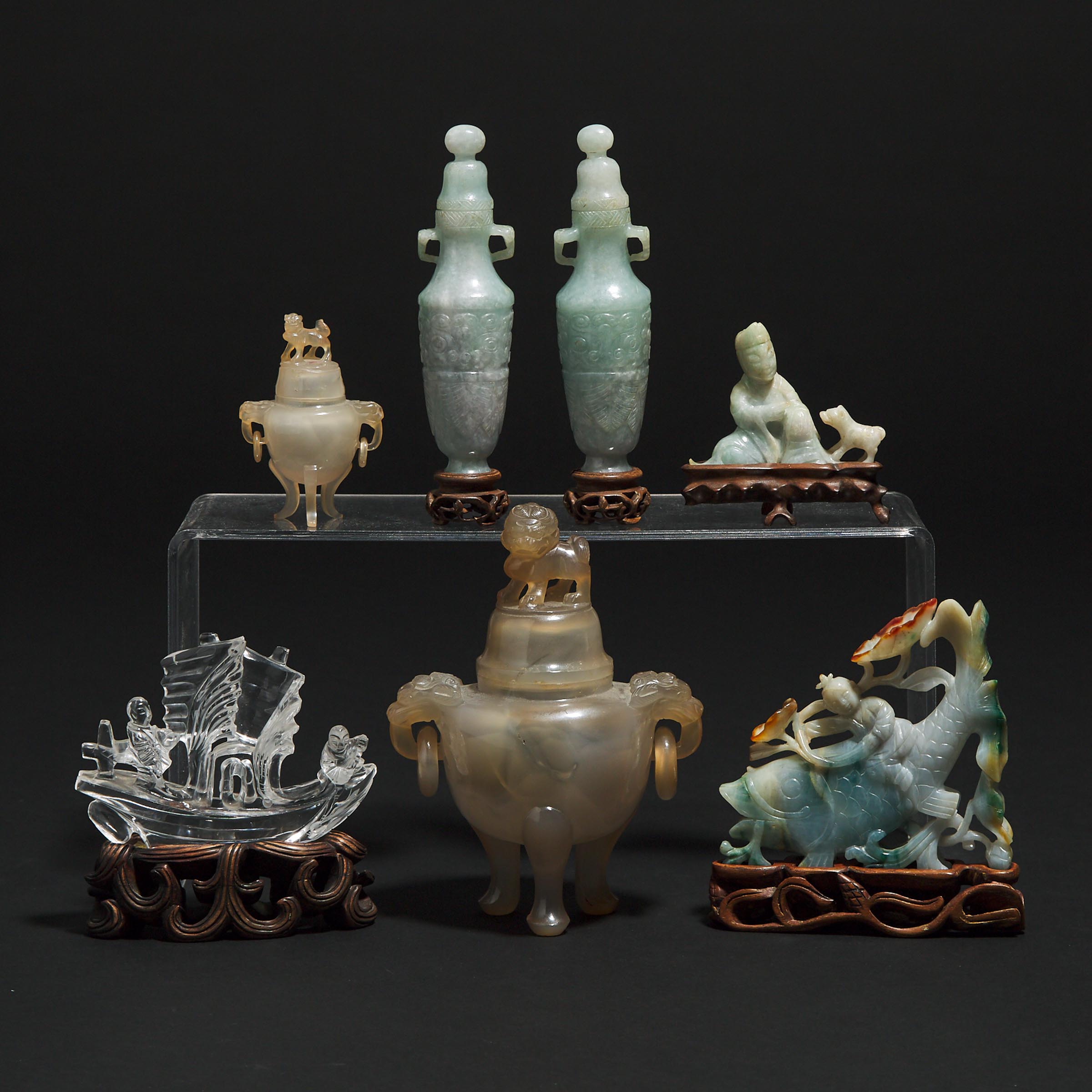 A Group of Four Jadeite Carvings, Together With Two Small Agate Censers and a Rock Crystal Carved Boat, Late Qing/Republican Period
