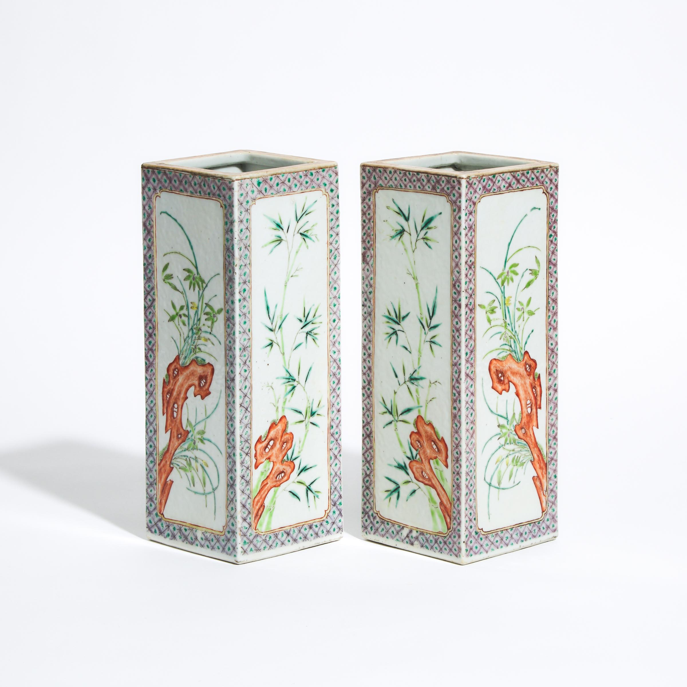 A Pair of Enameled Square Vases, Tongzhi Mark, Late 19th/Early 20th Century