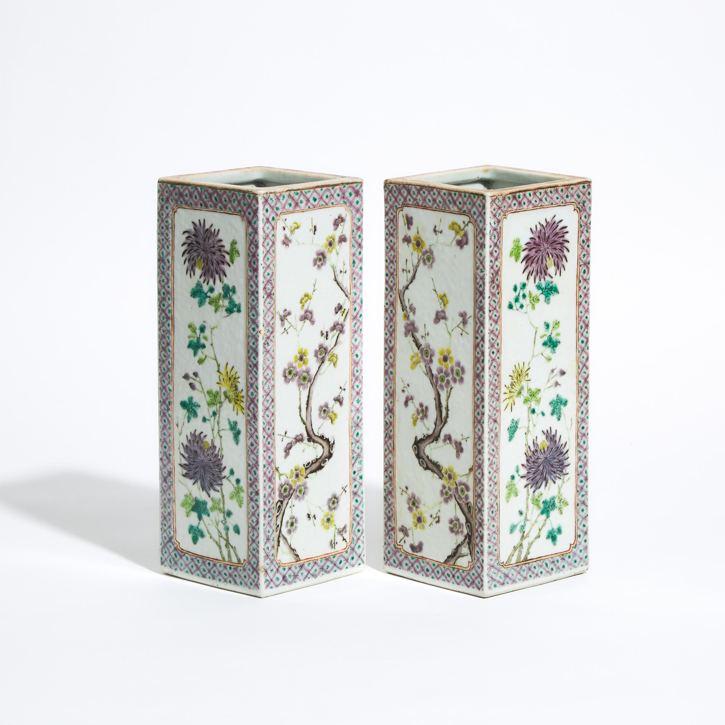 A Pair of Enameled Square Vases, Tongzhi Mark, Late 19th/Early 20th Century