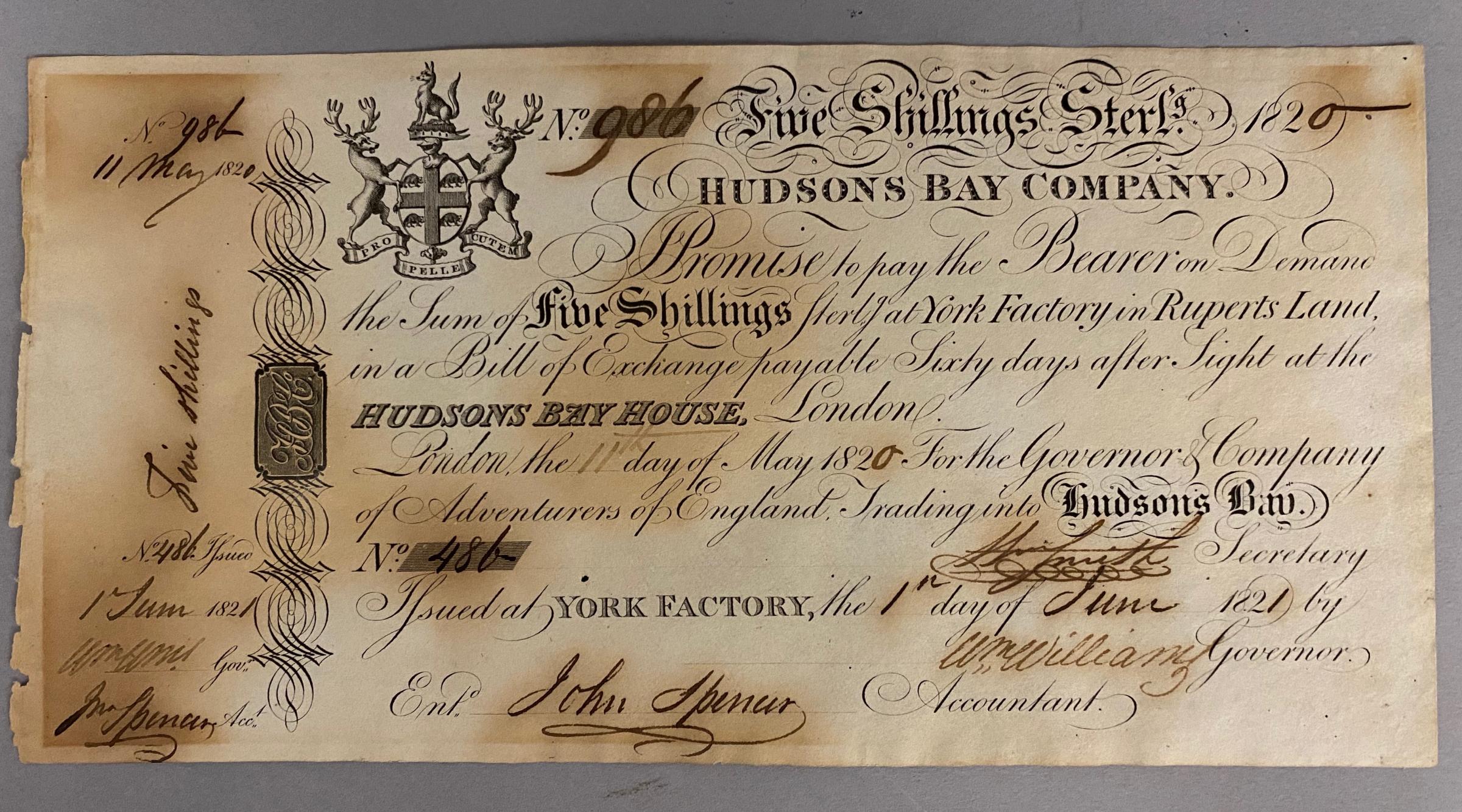 Hudson's Bay Company Five Shillings Promissory Note, 11 May 1820