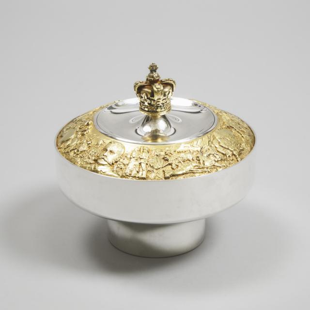 English Silver Parcel-Gilt Royal Canadian Mounted Police Centenary Commemorative Covered Bowl, 167/500, Aurum Designs, London, 1973