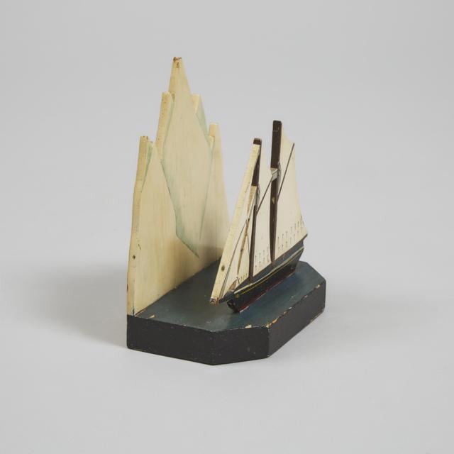 Grenfell Mission, Labrador, Cut Out and Painted Wood Model of a Schooner Against an Iceberg, 1939