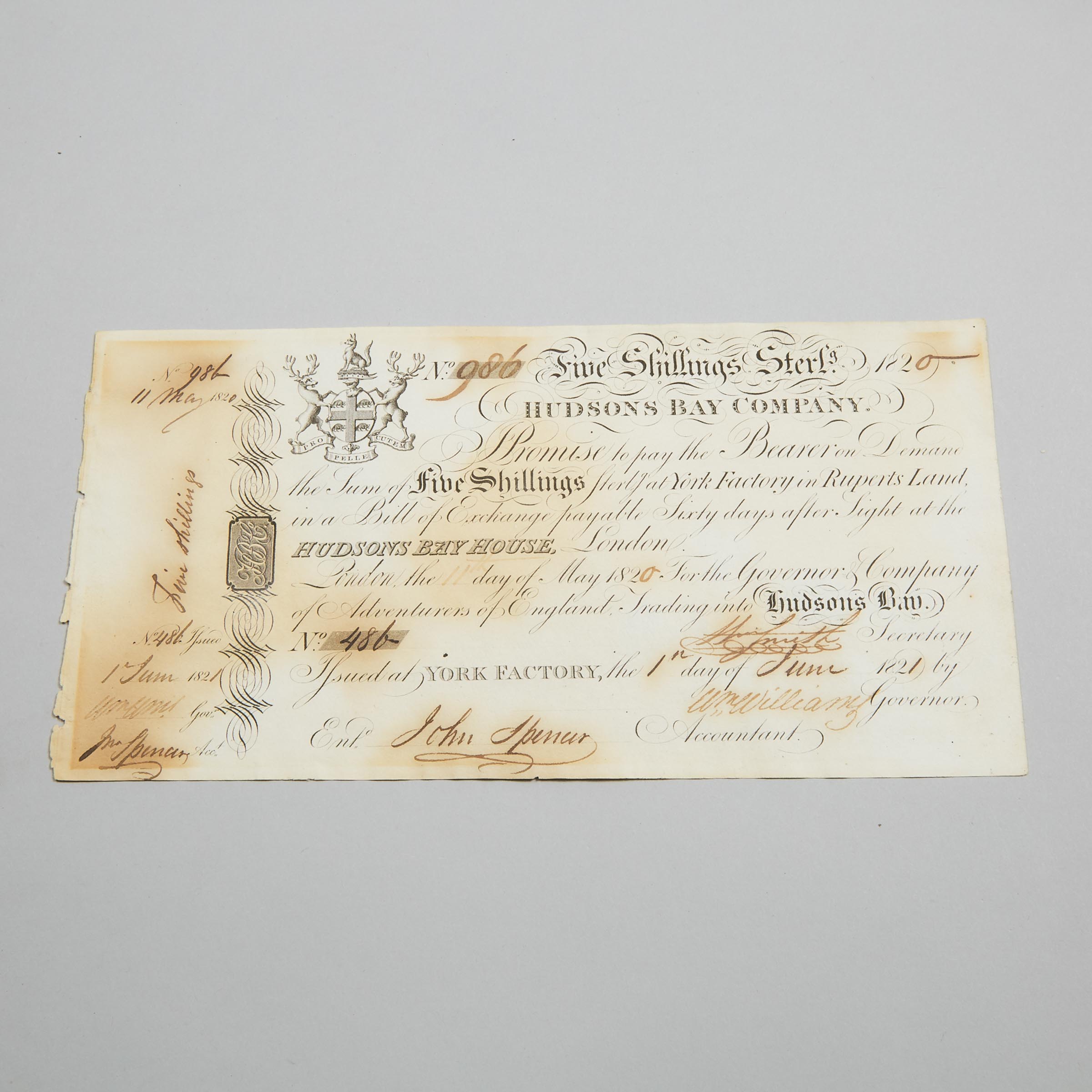 Hudson's Bay Company Five Shillings Promissory Note, 11 May 1820