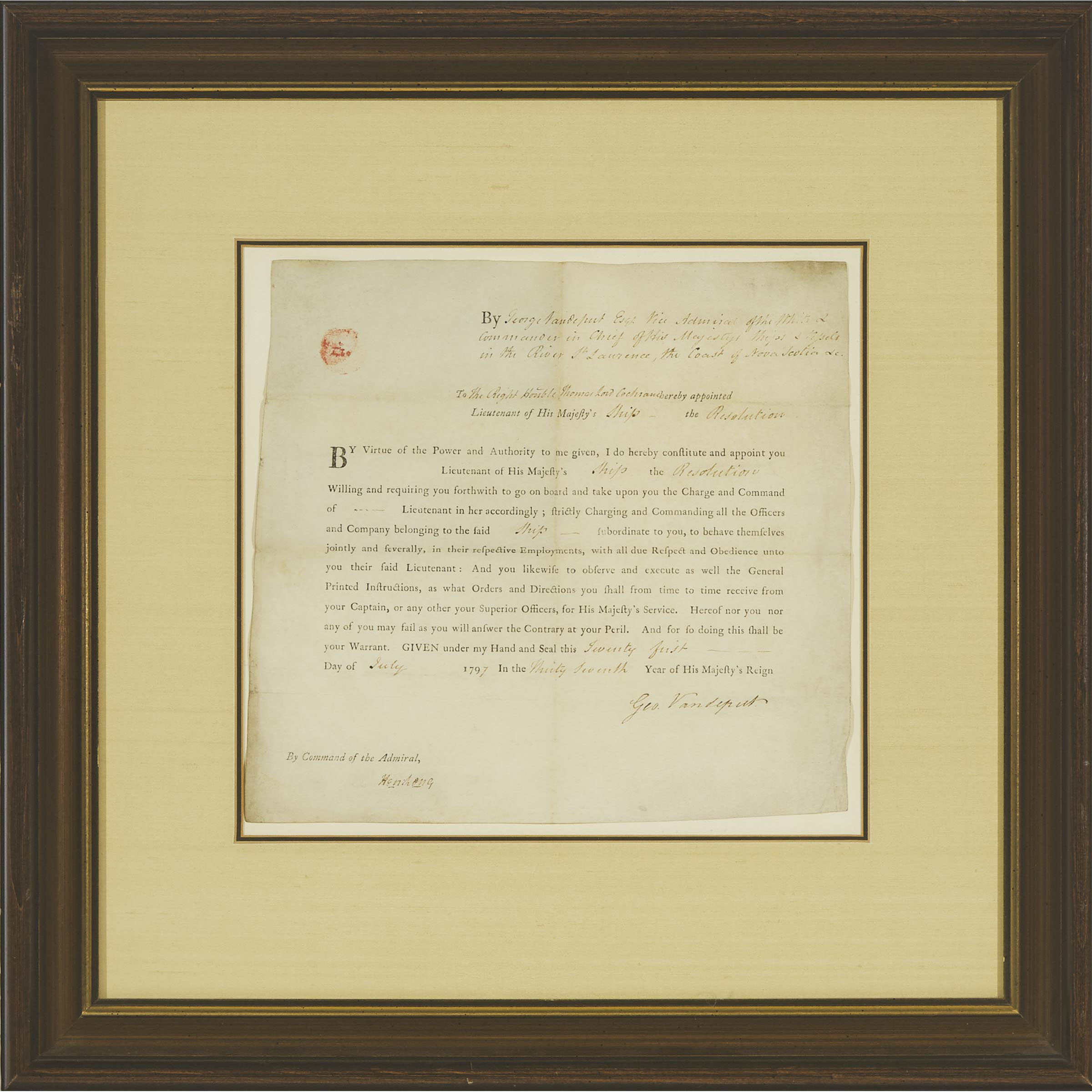 Royal Navy Appointment Signed by Vice Admiral George Vandeput, 'Chief of His Majesty's Ships and Vessels in the River St. Laurence, the Coast of Nova Scotia, &c.', July 21st, 1797