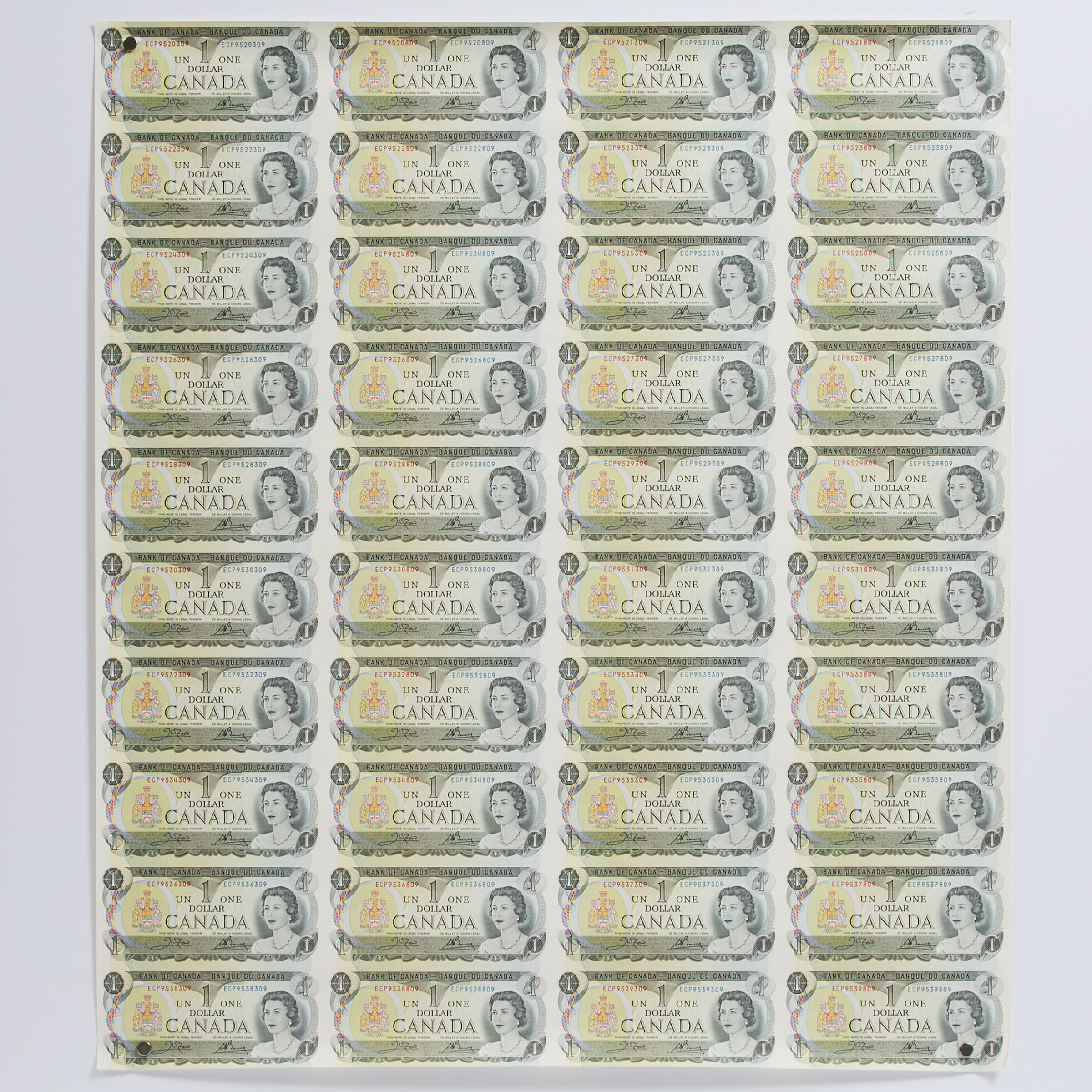 Uncut Sheet of 40 Canadian $1 Bills, c.1989