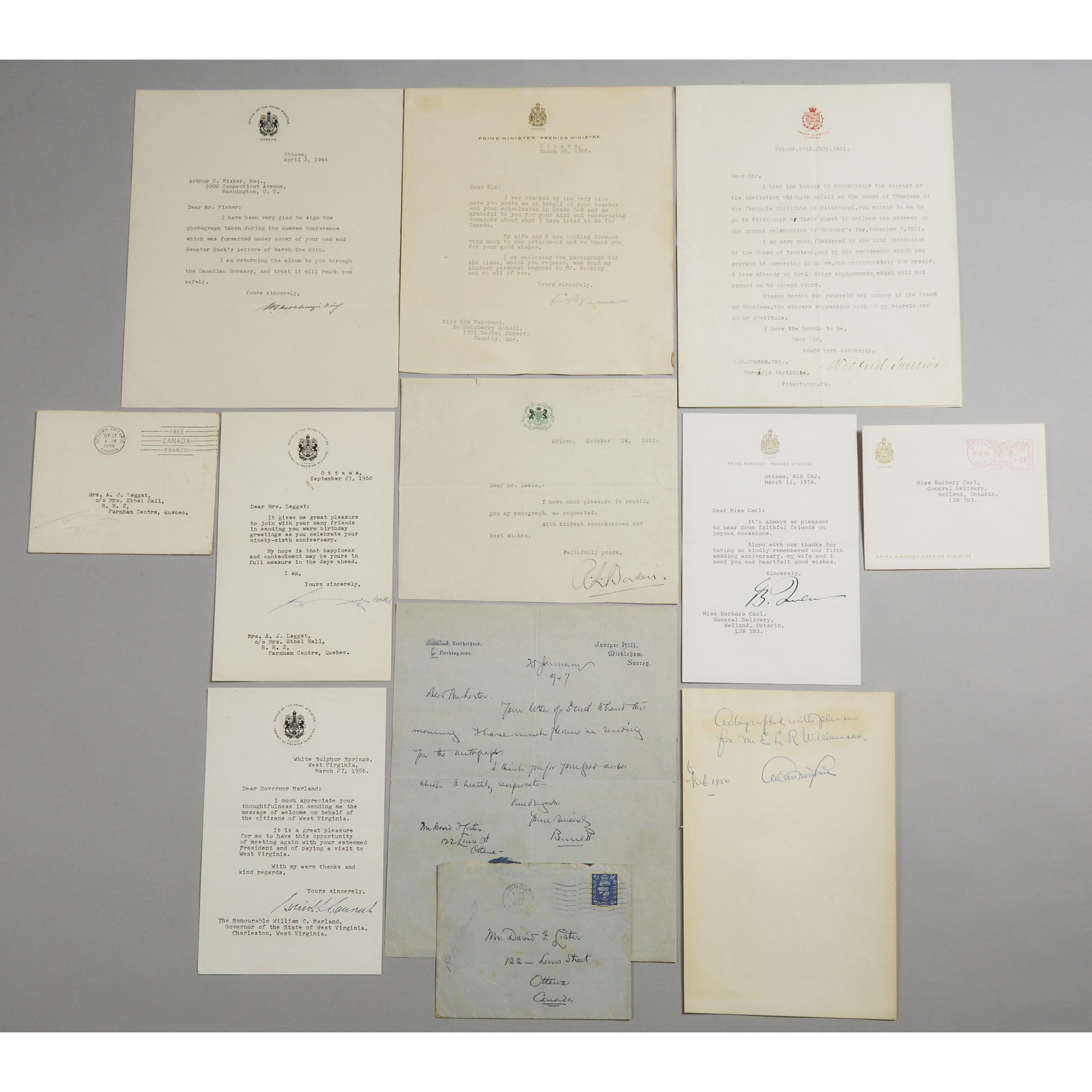 Archive of Nine Notes and Letters and Signed by Canadian Prime Ministers, 1901-1976