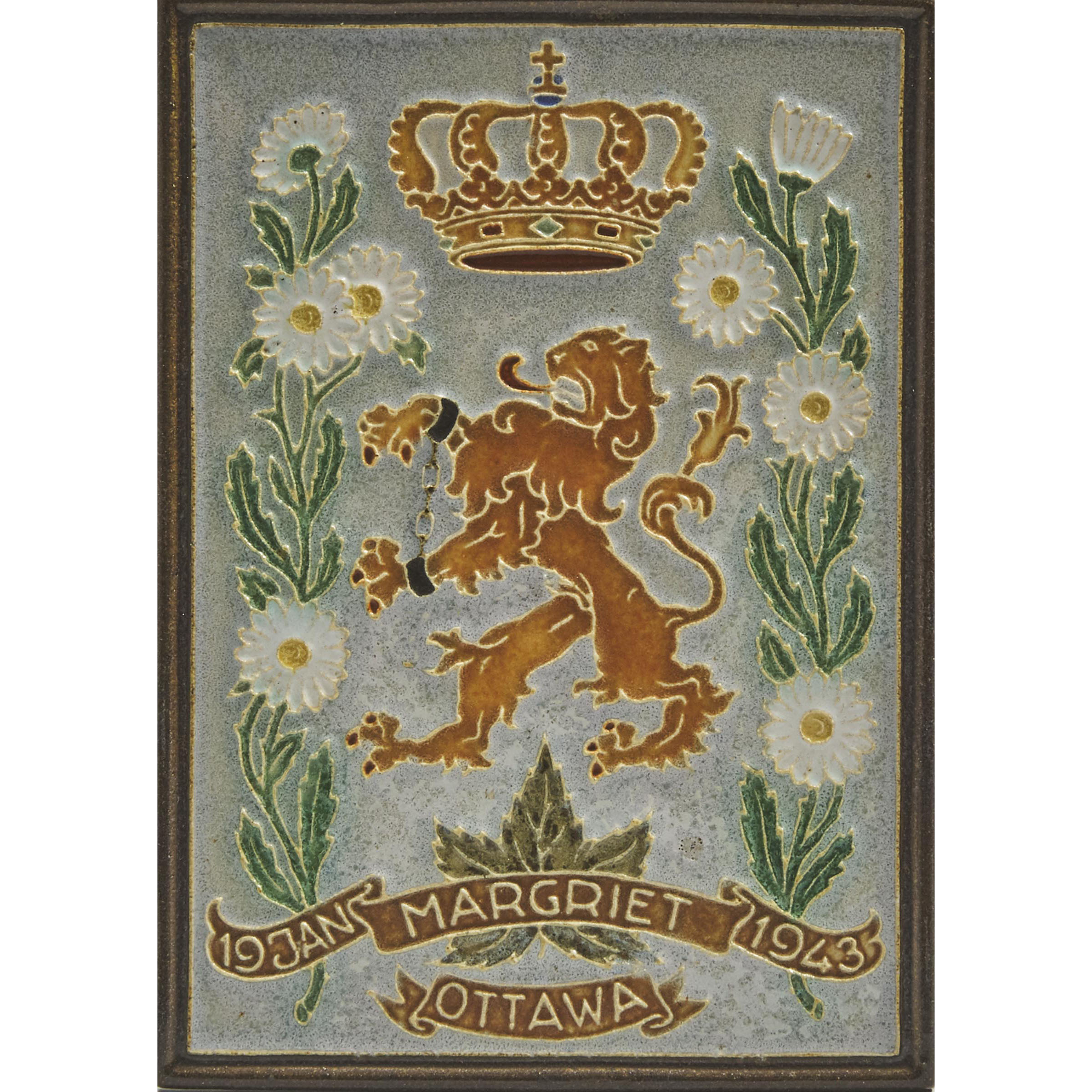 Delft Pottery Tile Commemorating the Birth of Princess Margriet of the Netherlands in Ottawa, Canada, 1943