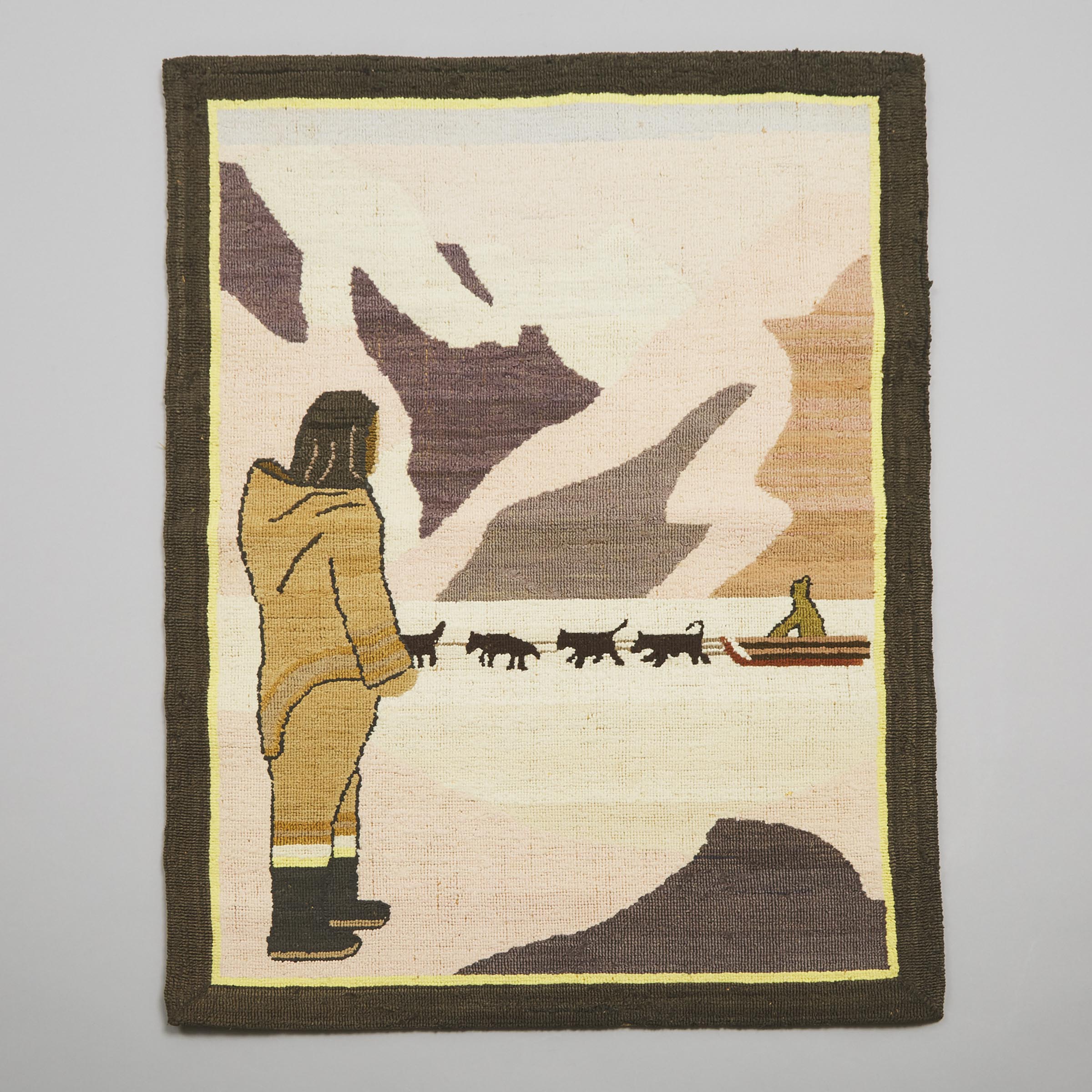 Grenfell Labrador Industries 'Man and Distant Dog Sled' Hooked Mat, mid 20th century