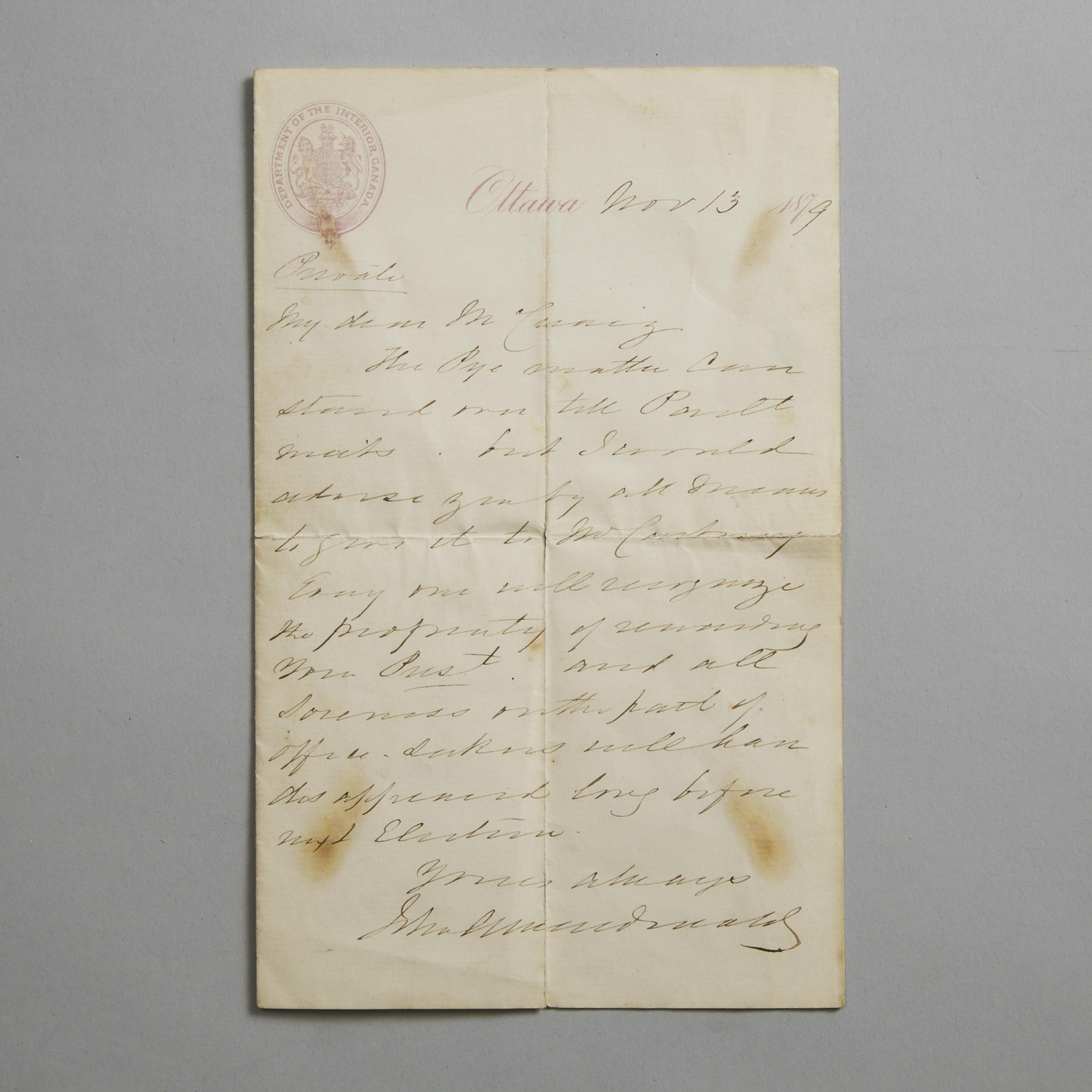 Sir John A. Macdonald Autographed Letter to James Simeon McCuaig, Signed, Nov. 13, 1879