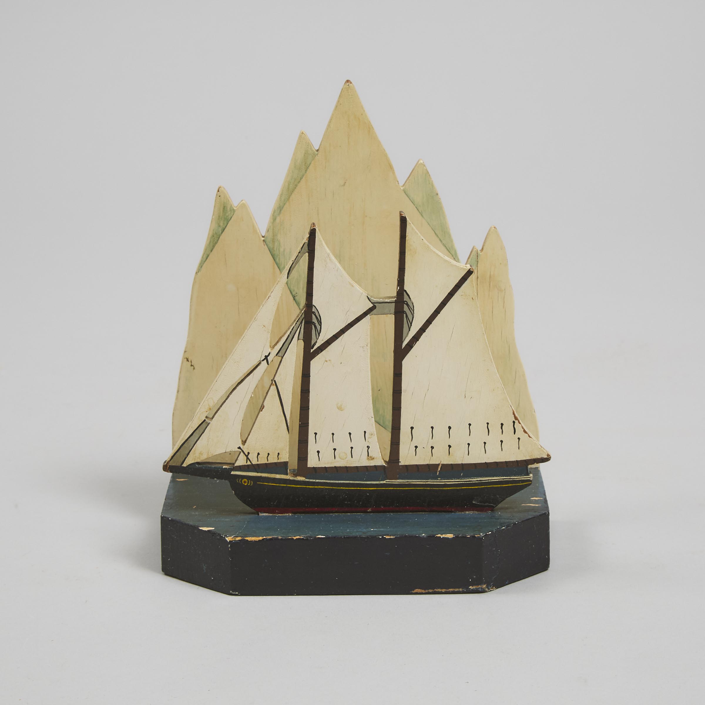 Grenfell Mission, Labrador, Cut Out and Painted Wood Model of a Schooner Against an Iceberg, 1939