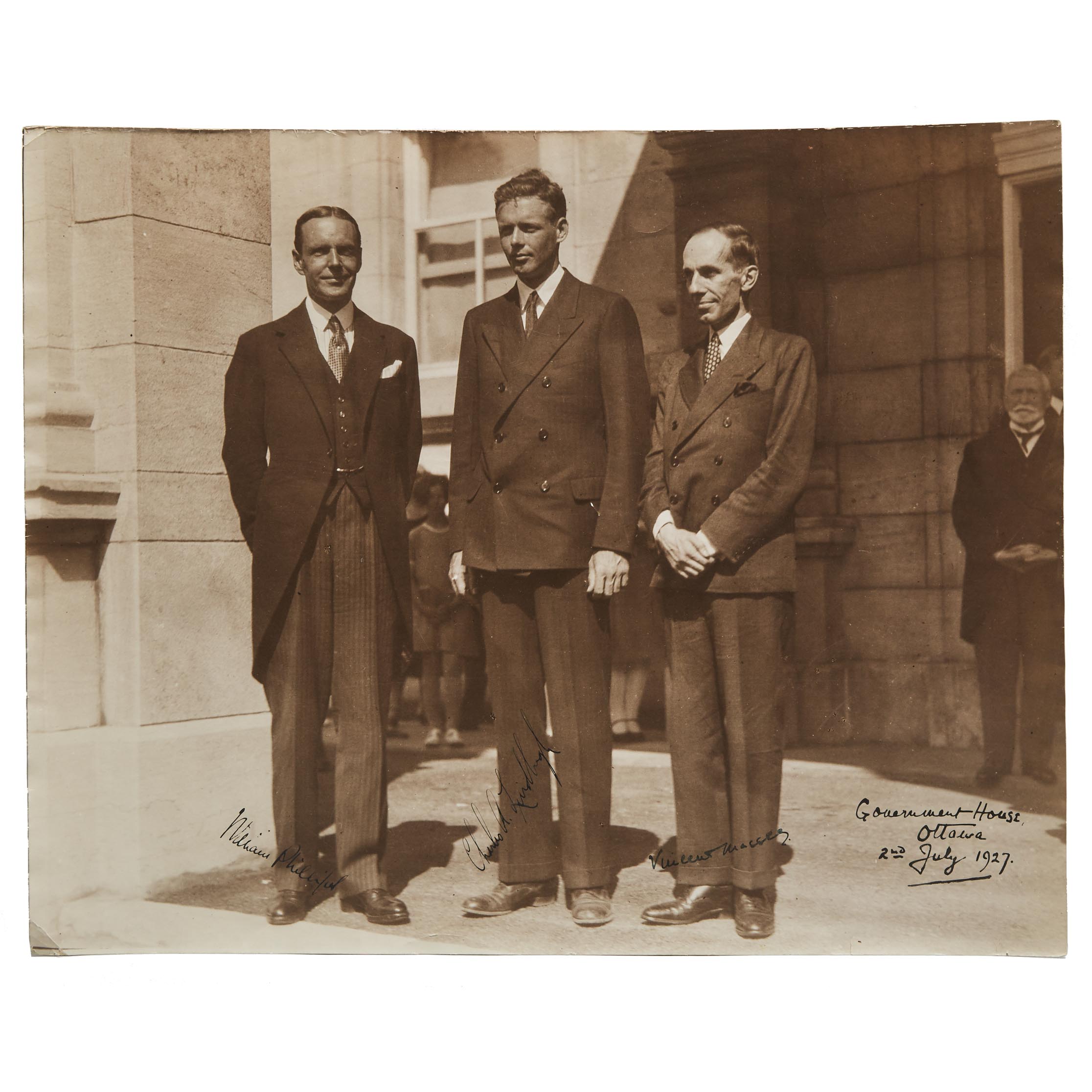 Signed Photograph of Charles Lindbergh with Vincent Massey and William Philips, Ottawa, 1927