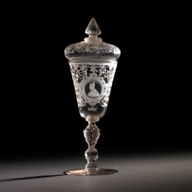 Bohemian Colour Twist Stemmed Engraved Glass Goblet and Cover, c.1730