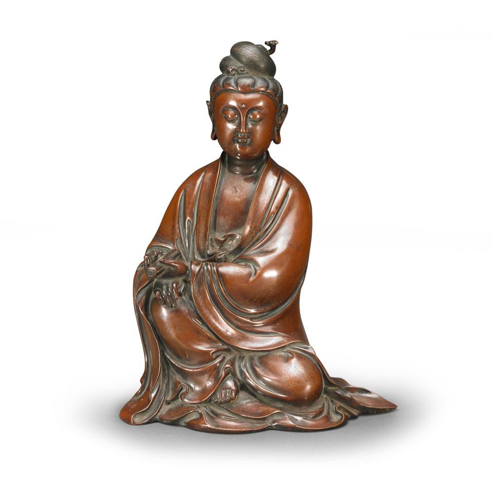 Silver Inlaid Bronze Figure of Guanyin