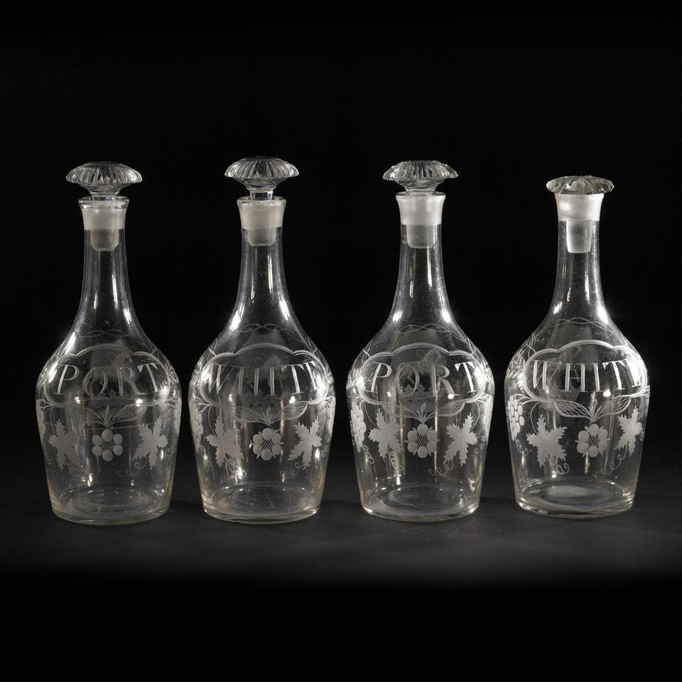 Four English Engraved Glass Decanters, early 19th century