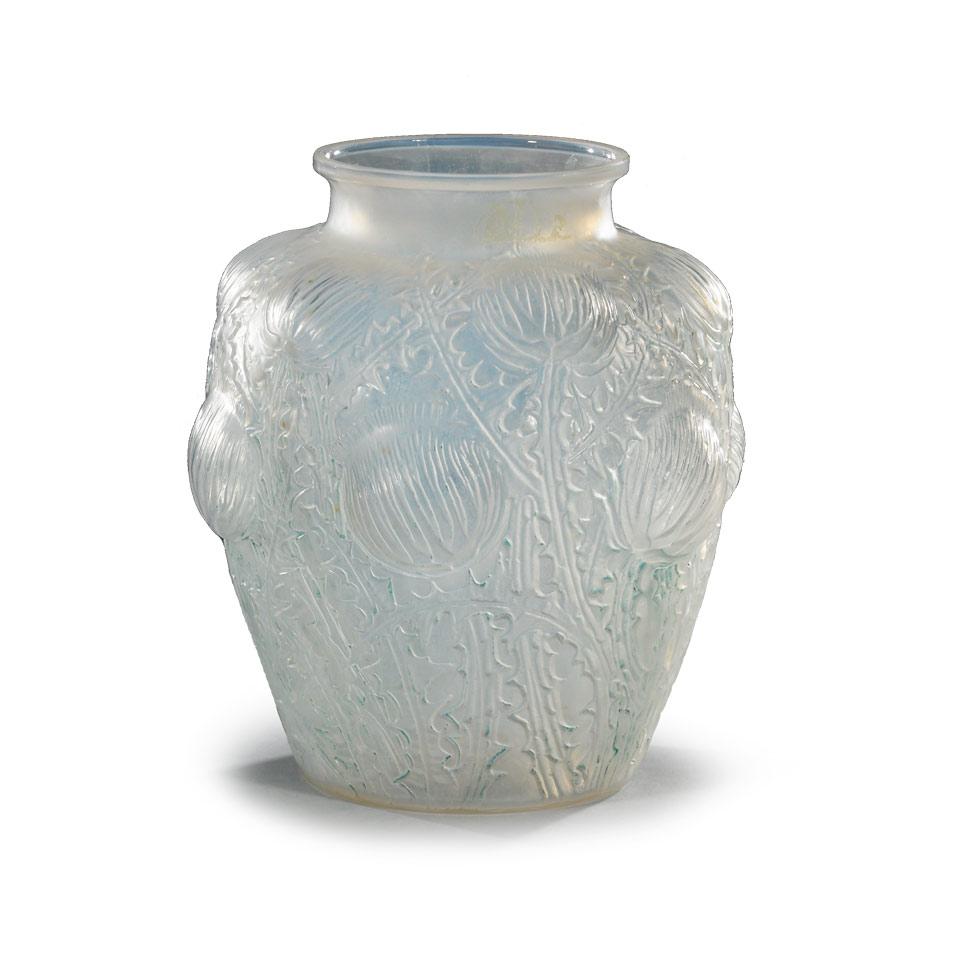 ‘Domrémy’, Lalique Blue Enameled Opalescent Glass Vase, c.1930
