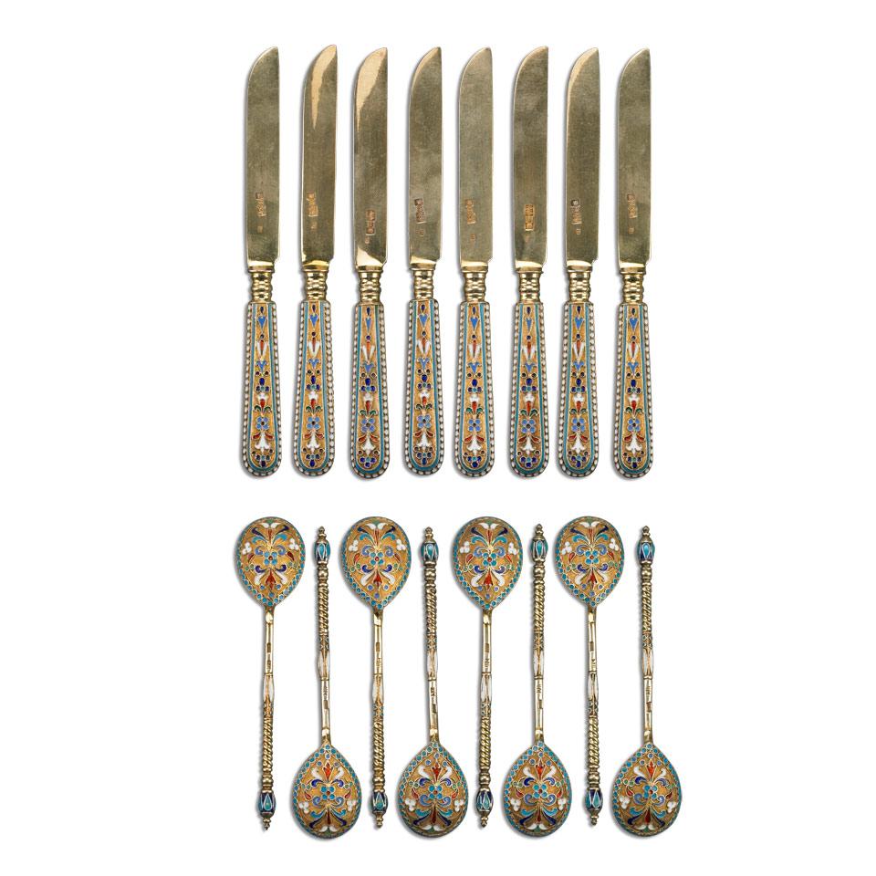 Eight Russian Silver-Gilt and Cloisonné Enamel Knives and Eight Spoons,  Ivan Saltykov, Moscow, c.1893-94