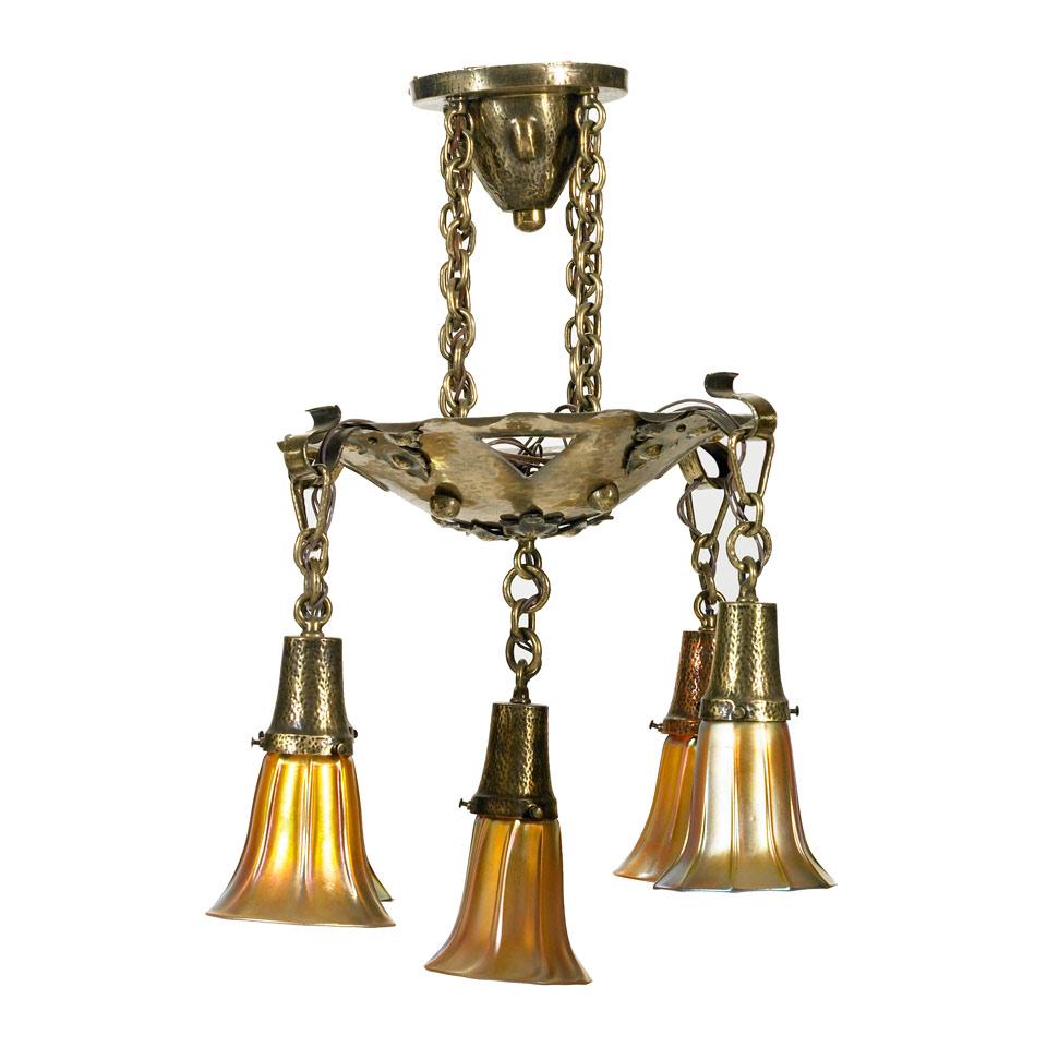 Quezal Iridescent Glass and Brass Five-Light Chandelier, early 20th century 