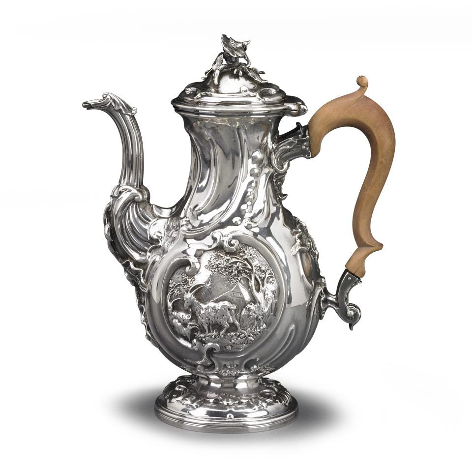 George II Silver Rococo Coffee Pot, Ernest Sieber overstruck by Elizabeth Godfrey, London, 1748