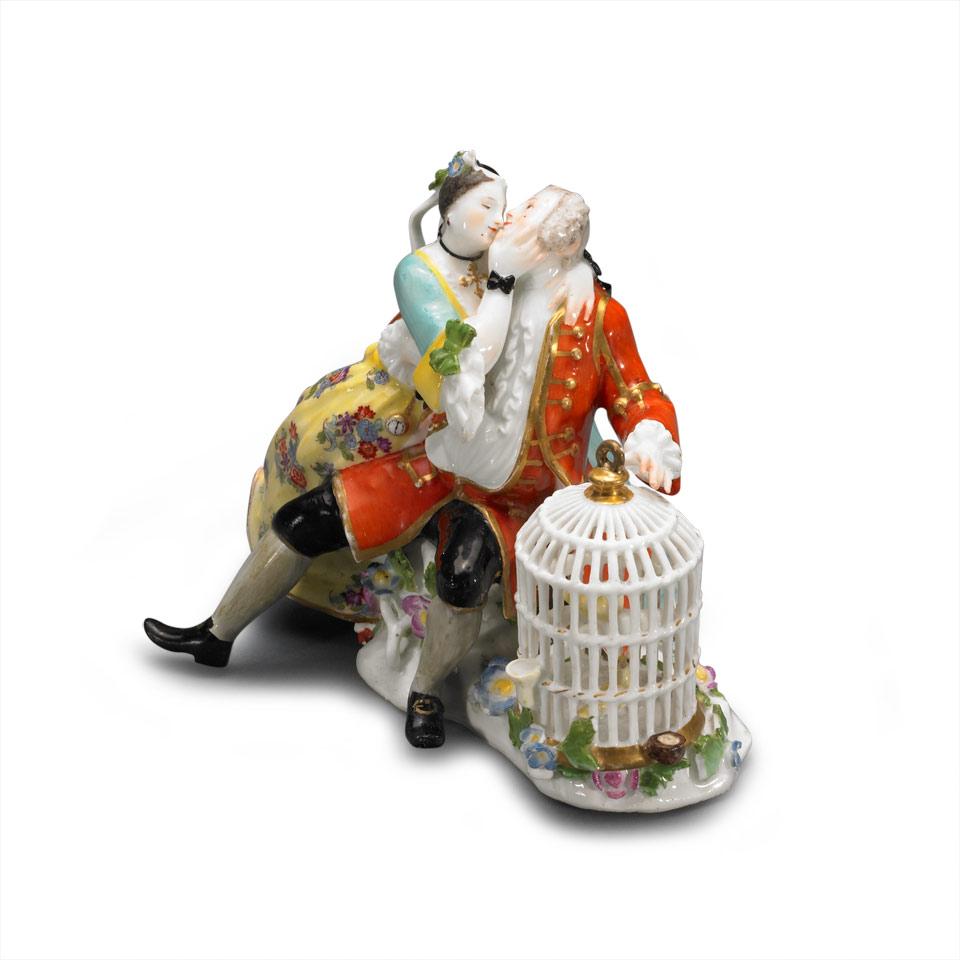 Meissen Crinoline Group of Lovers with a Birdcage, Emblematic of Matrimony, modelled by J.J. Kändler, c.1736