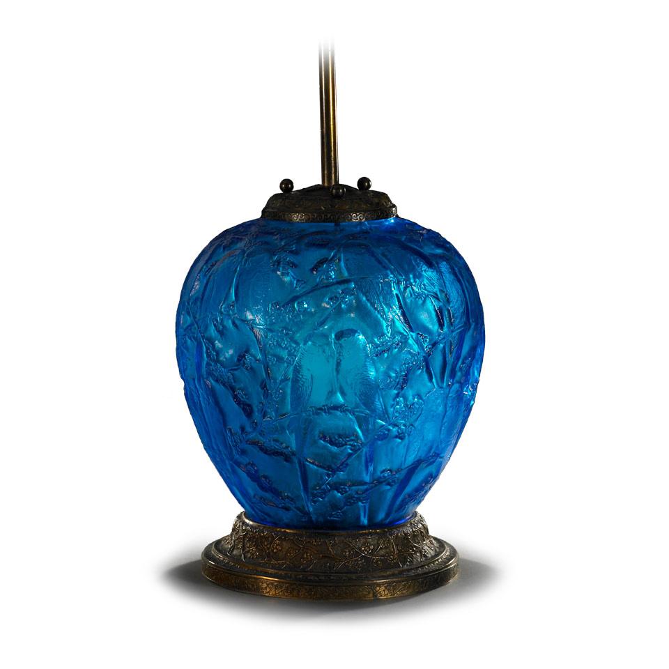 ‘Perruches’, Lalique Blue Glass Table Lamp, 1920’s