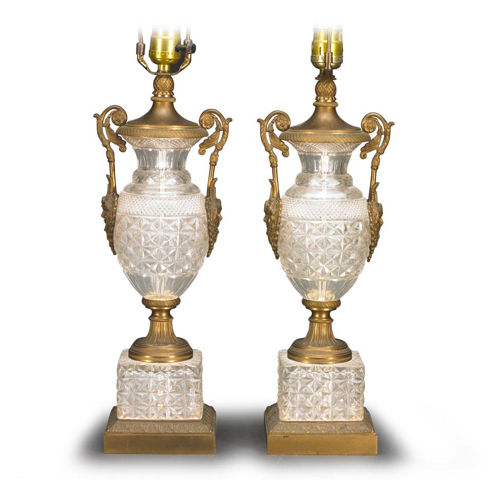 Pair of French Gilt Bronze Mounted Cut Glass Table Lamps, early 20th century