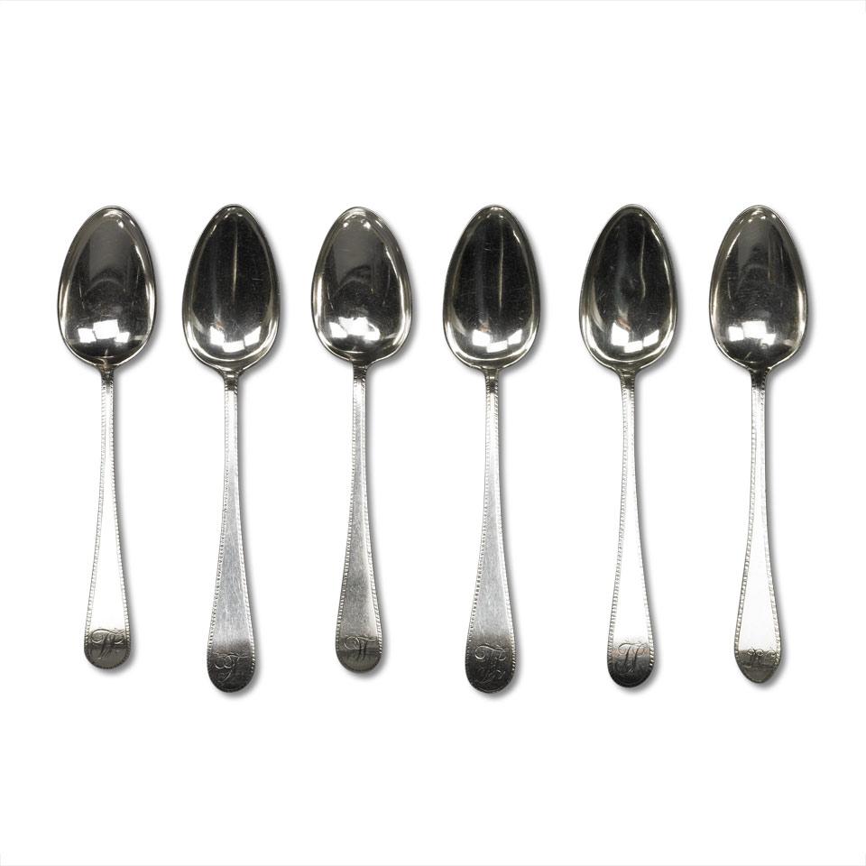 Six Canadian Silver Feather Edged Table Spoons, William Frederic Delisle, Montreal, Que., c.1800