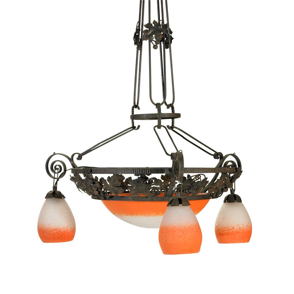 Rethondes Wrought Iron and Mottled Orange and Opaque White Glass Plafonnier, c.1930