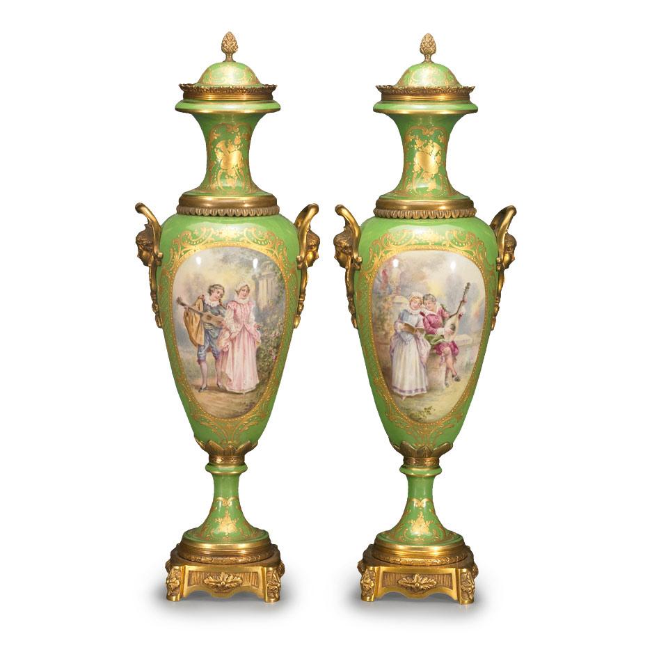 Pair of Gilt Brass Mounted ‘Sèvres’ Vases and Covers, c.1900