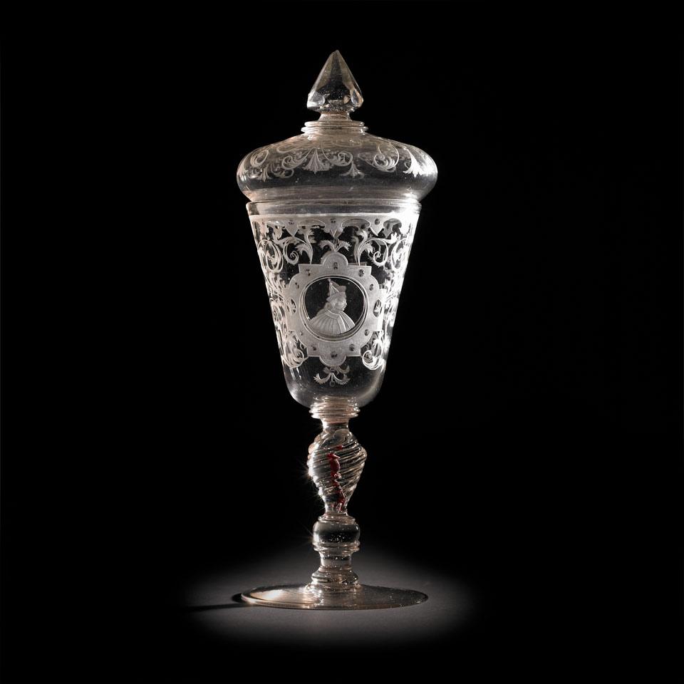 Bohemian Colour Twist Stemmed Engraved Glass Goblet and Cover, c.1730