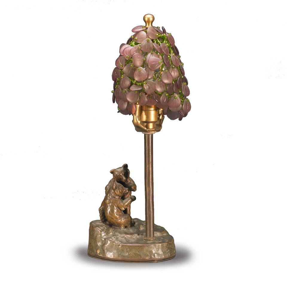 Continental Cold Painted Bronze and Coloured Glass Bear Cubs Desk Lamp, probably Austrian, K. Csadek, early 20th century