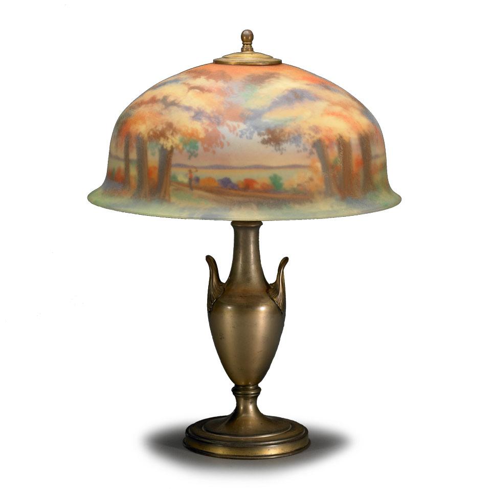 Pairpoint Patinated Metal and Reverse-Painted Glass Landscape Table Lamp, early 20th century