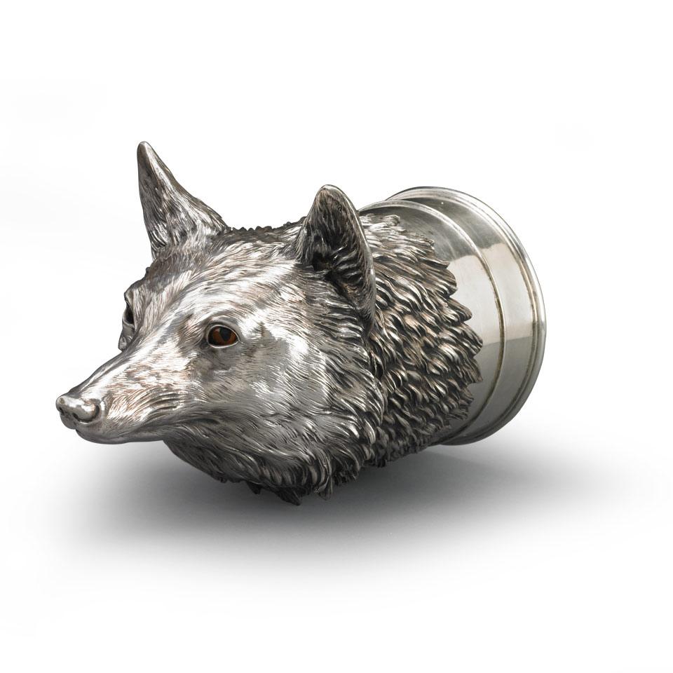Exceptionally Large Austrian Silver Wolf’s Head Stirrup Cup, J.C. Klinkosch, Vienna, c.1880