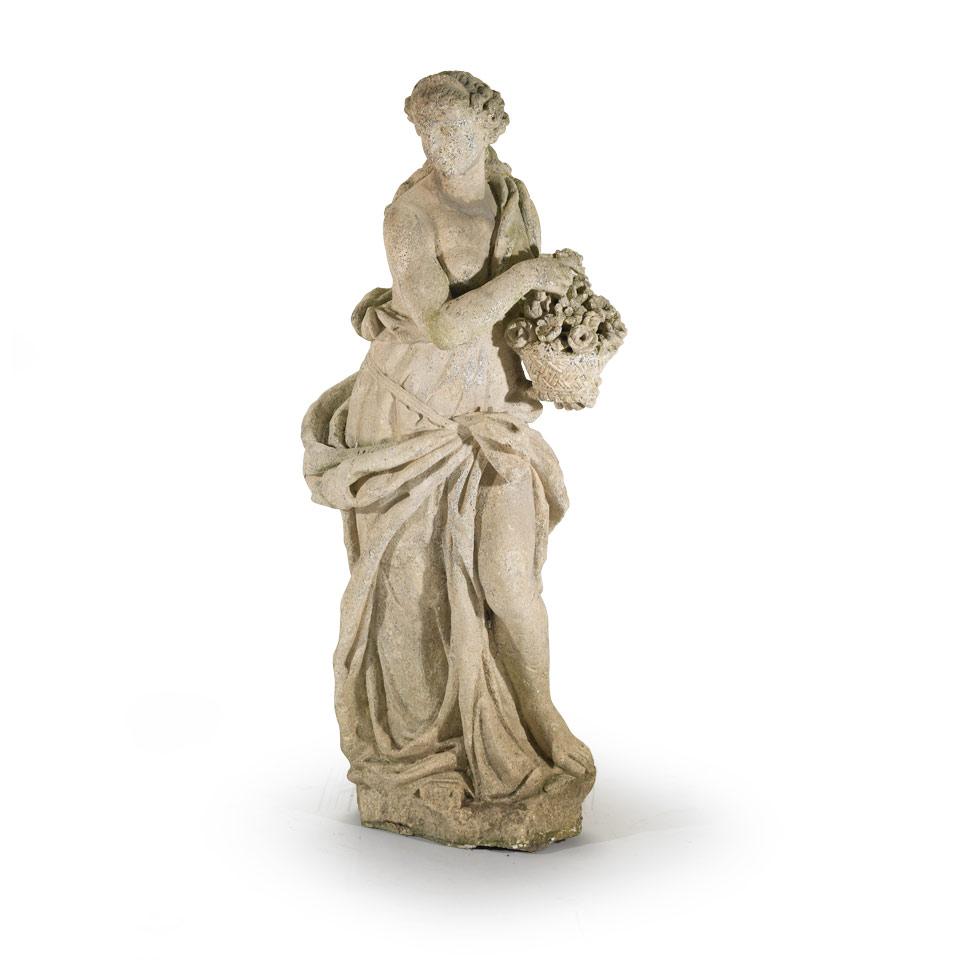 Cast Stone Study of a Classical Maiden Holding a Basket of Flowers  