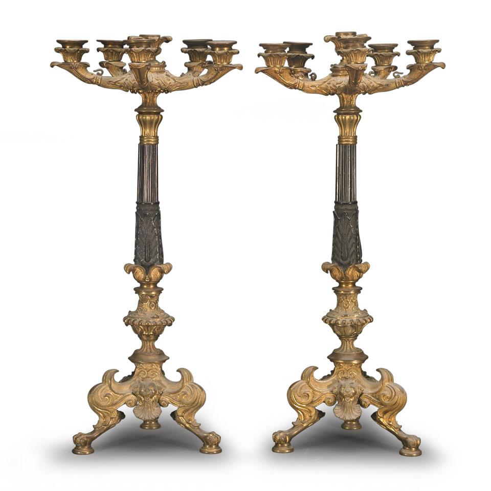 Pair of French Ebonized and Gilt Bronze Six-Light Candelabra, late 19th century 