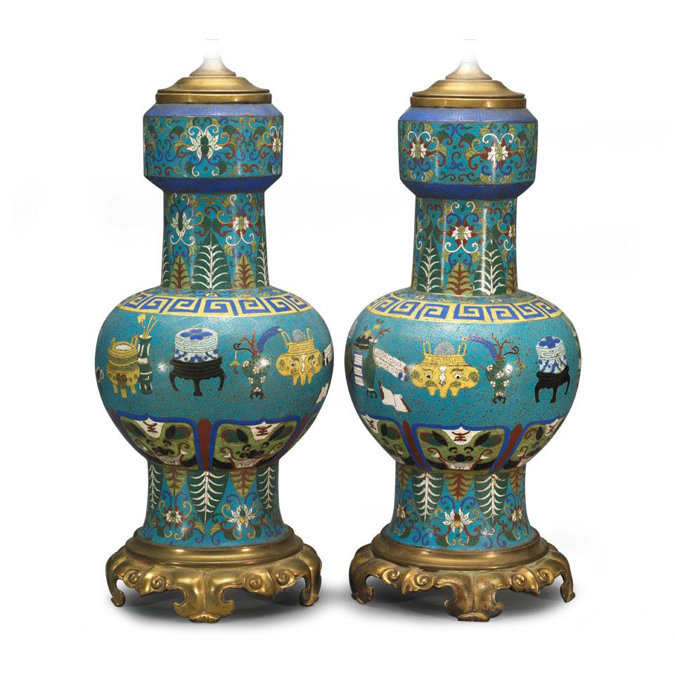 Pair of Archaistic Cloisonne Baluster Vases