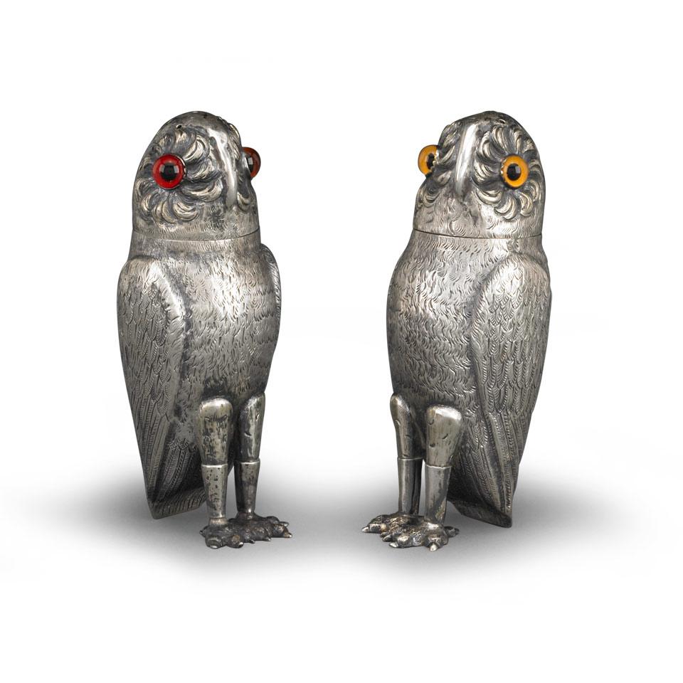 Pair of Continental Silver Owl Form Salt and Pepper Casters, c.1900