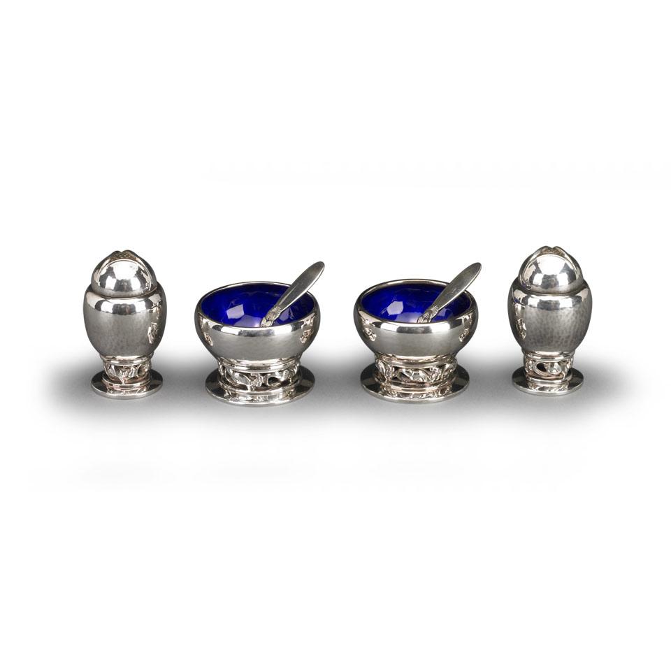 Pair of Danish Silver Blossom Pattern Salts and a Pair of Pepper Casters, Georg Jensen, Copenhagen, post-1945