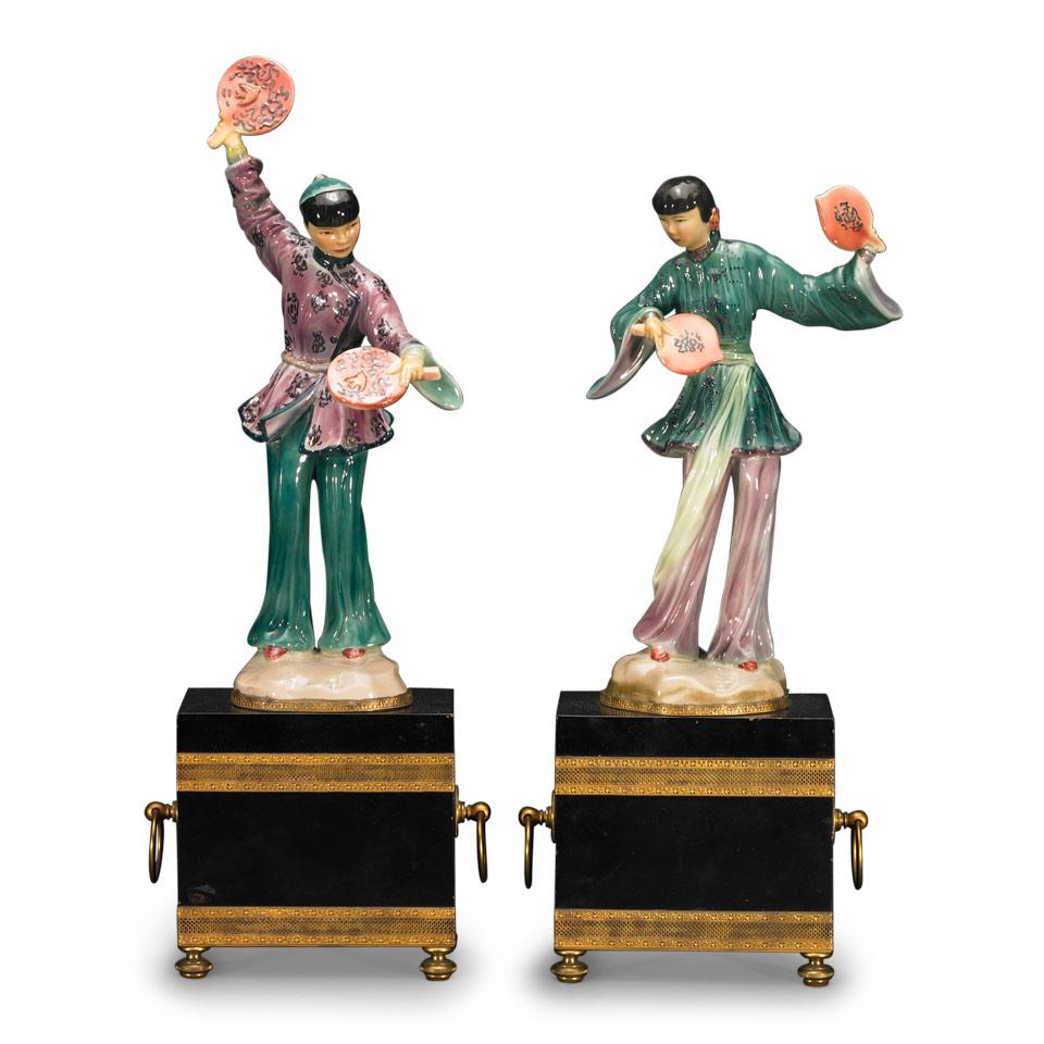 Pair of Continental Earthenware Figures of Fan Dancers, mid-20th century