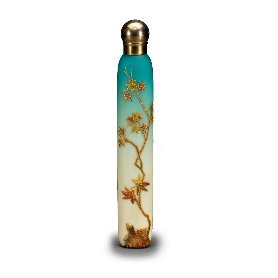 Victorian Silver Mounted and Enameled Shaded Blue Satin Glass Cologne Flask, probably Webb, c.1885