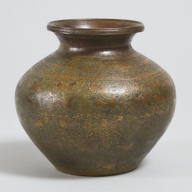 Indian Turned and Chased Bronze 100 Beasts Lota, 17th century