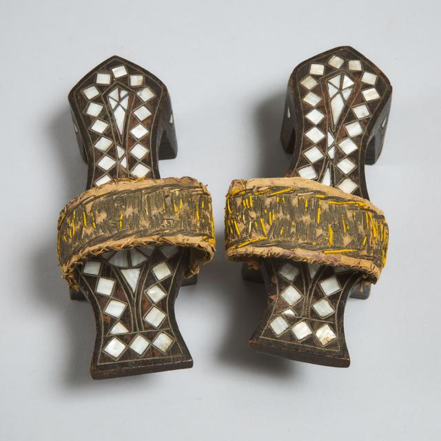Pair of Turkish Ottoman Silver Wire and Mother-of-Pearl Inlaid Bath Shoes, 19th century