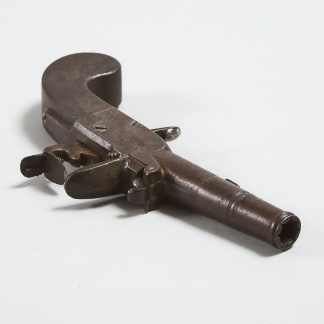 French Iron Flintlock Boxlock Pocket Pistol, H. Petitjean,  late 18th century
