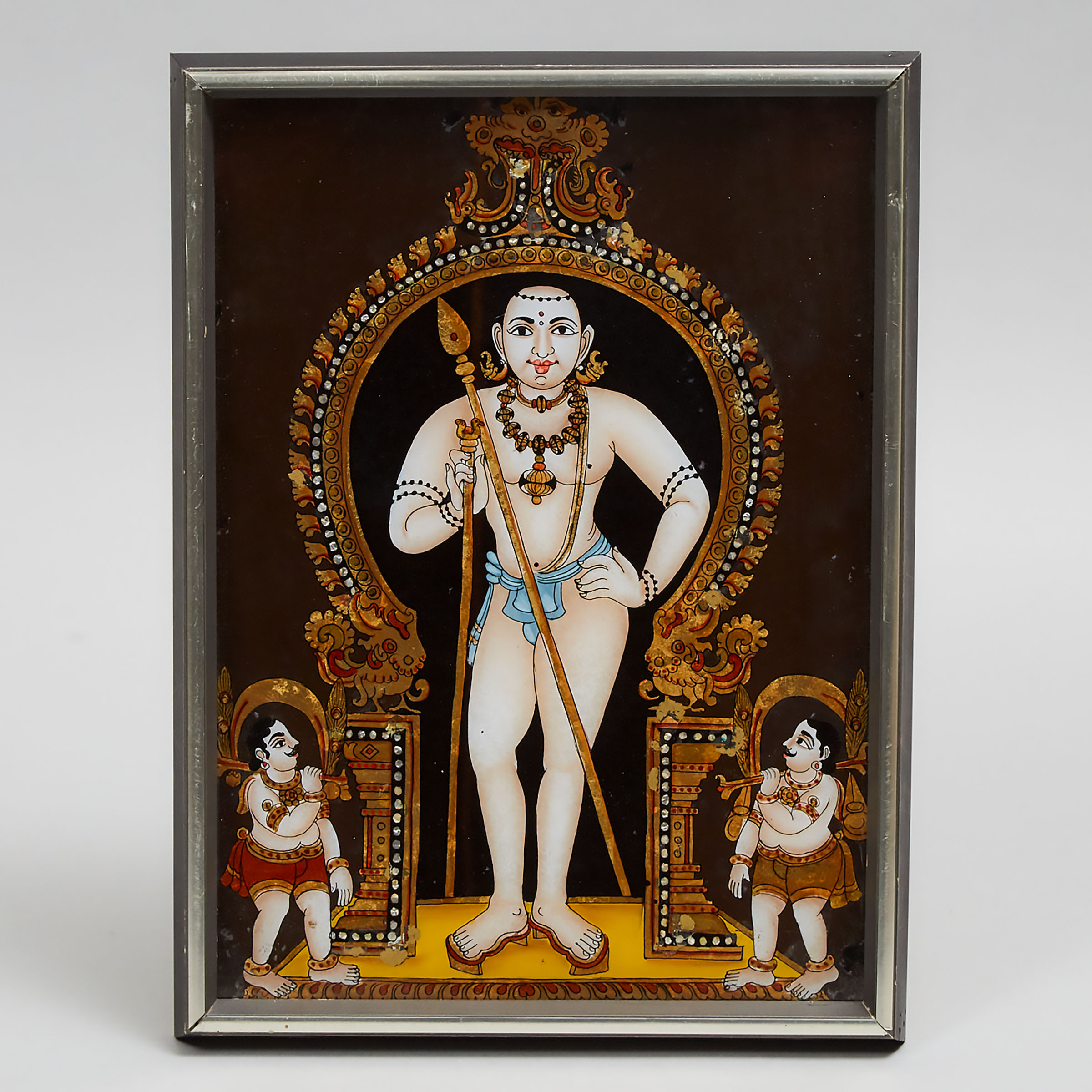 Three South Indian Hindu Reverse Paintings on Glass of Deities, Tanjore, 19th/early 20th century